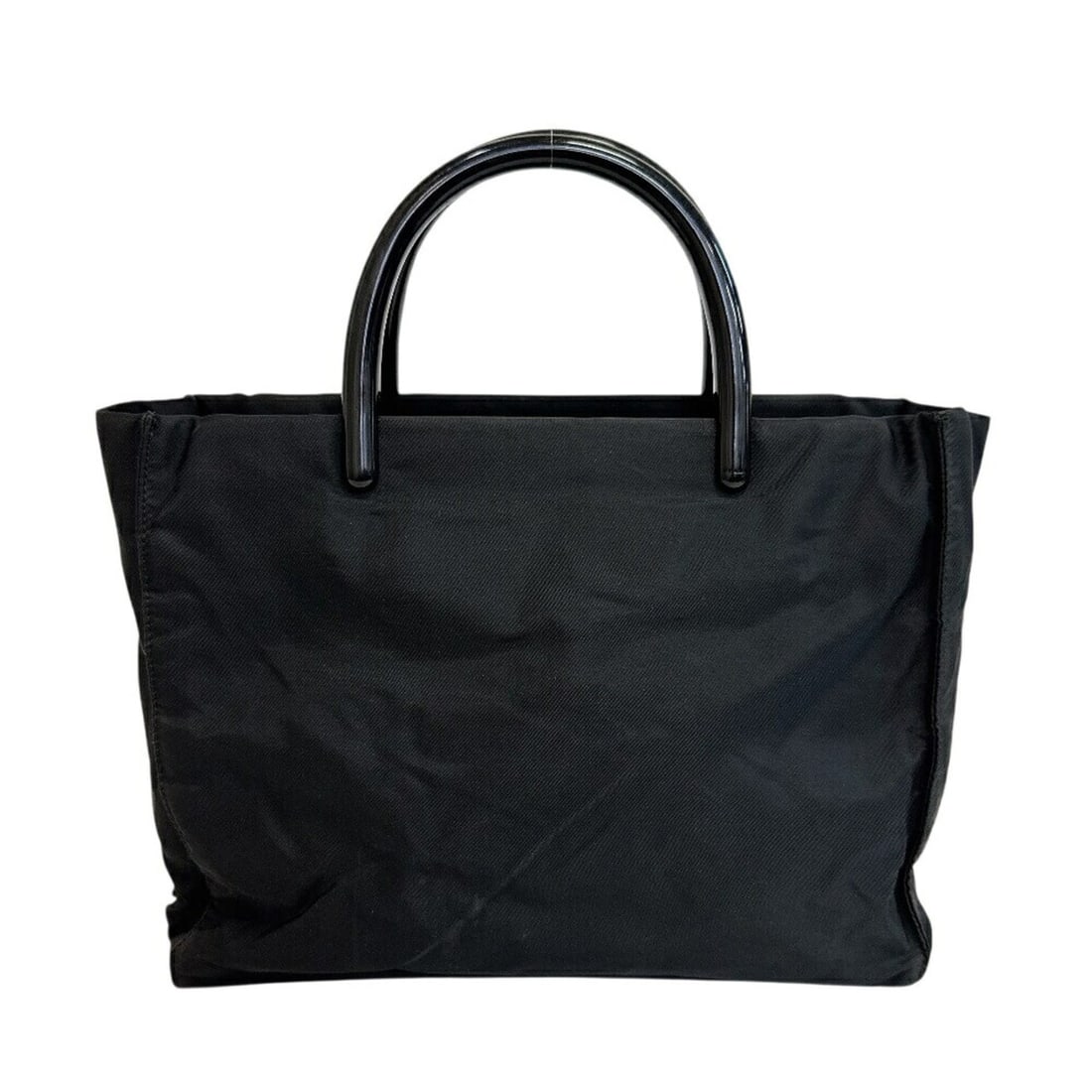 PRADA Triangle Plate Plastic Handle Tote Bag, Black: --- Catalog ---Category: SizeSize (HxWxD): 22cm x 30cm x 8cm / 8.66'' x 11.81'' x 3.14''Category: DesignType: Tote bagColor: BlackGender: WomenMaterial: Nylon Category: GeneralBrand: Prada--- Item