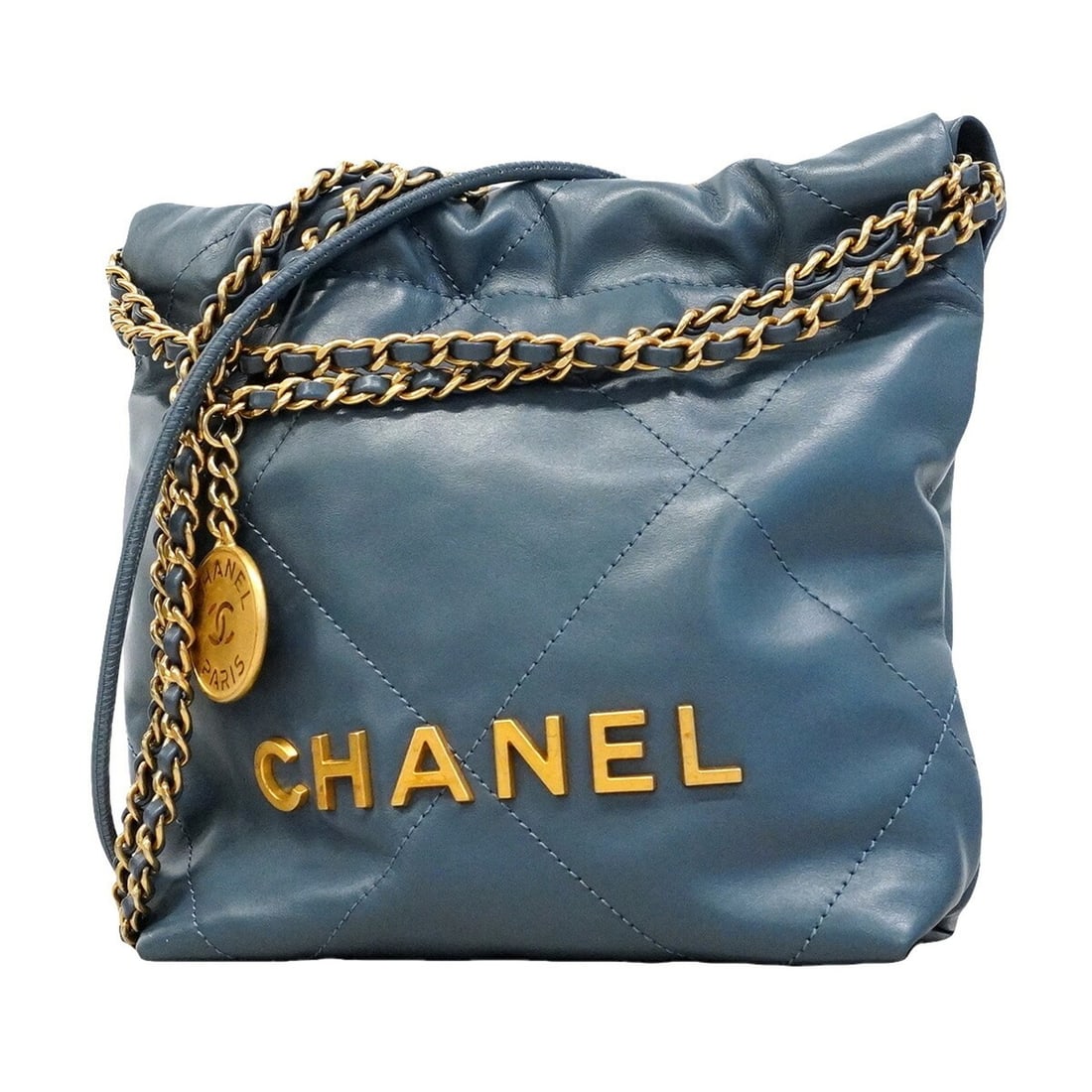 Chanel Shoulder Bag, Chain 22 Mini, Calfskin, Blue, Women's: --- Catalog ---Category: SizeSize (HxWxD): 20cm x 17cm x 6.5cm / 7.87'' x 6.69'' x 2.55''Category: DesignType: Shoulder bagColor: BlueGender: WomenMaterial: Leather Hardware Color: GoldLeather/Fur Typ