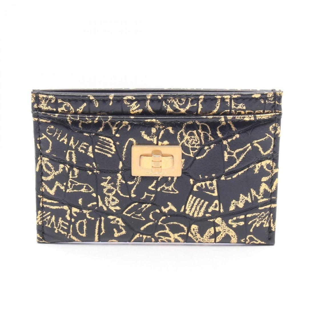 Chanel 2.55 Graffiti Business Card Holder/Card Case, Leather Accessory, Women's, Black/Gold Tone (1 of 7)