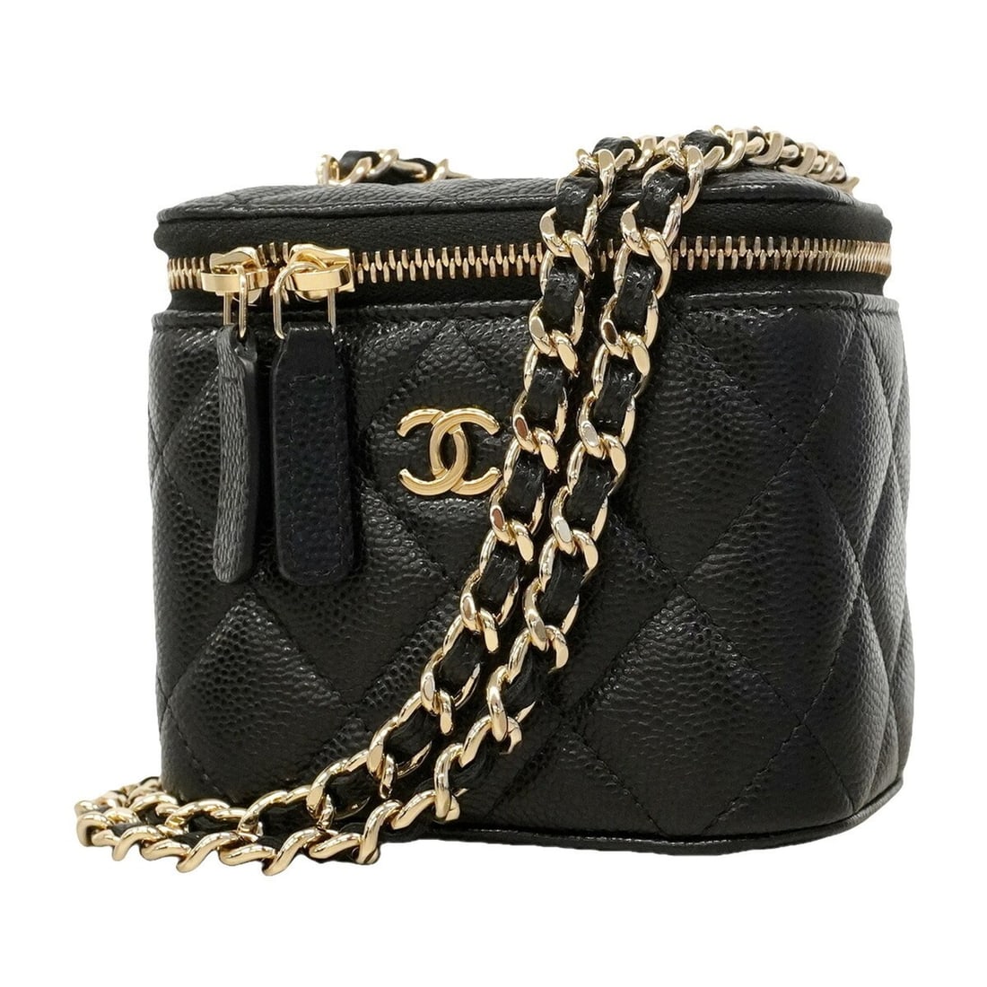 Chanel handbag/vanity bag, Matelassé chain shoulder caviar leather, black/champagne, women's.: --- Catalog ---Category: SizeSize (HxWxD): 9cm x 10cm x 7cm / 3.54'' x 3.93'' x 2.75''Category: DesignType: Vanity bagColor: BlackGender: WomenMaterial: Grained Calfskin Hardware Color: Champagne gold