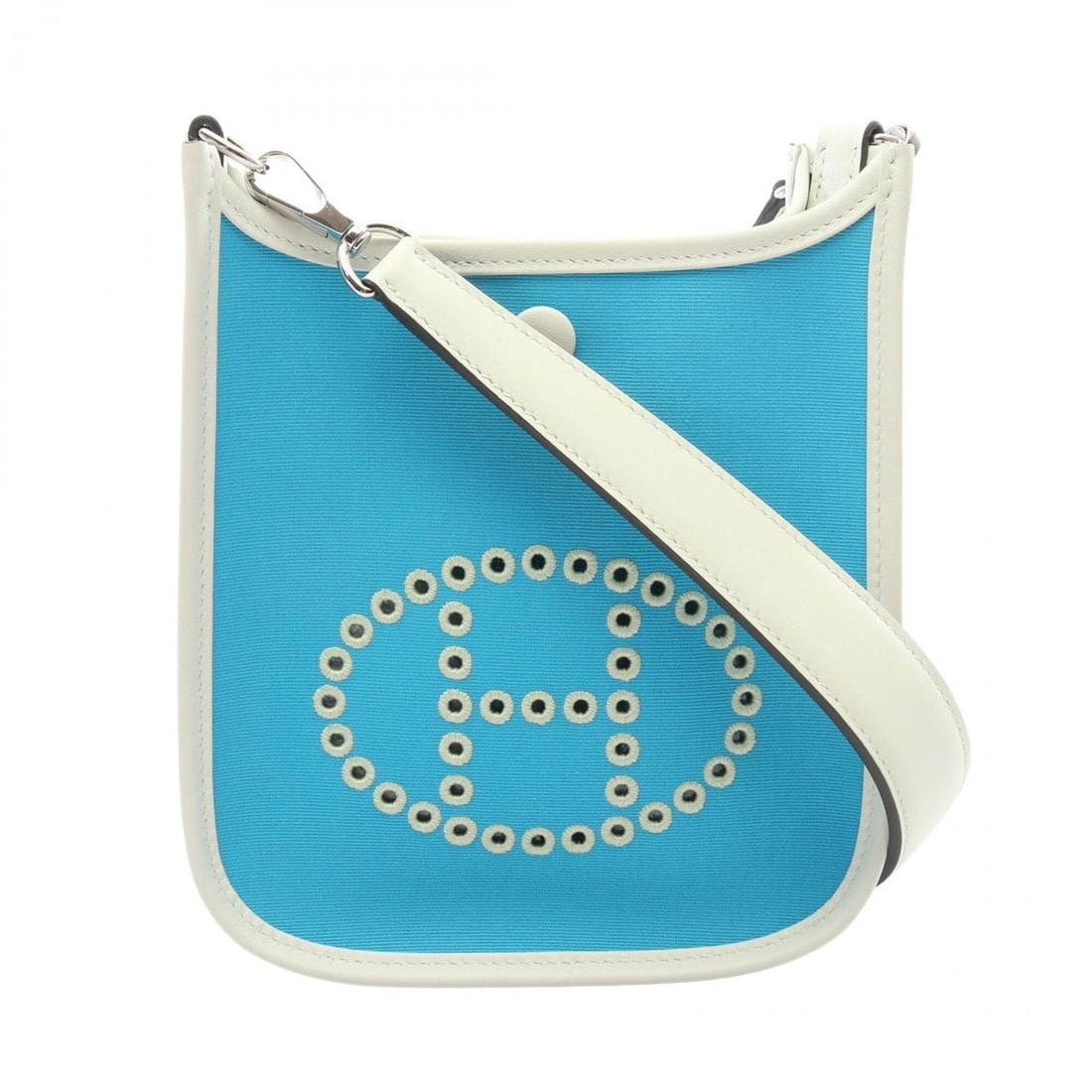 Hermes Neo Evelyne TPM Shoulder Bag/Handbag, Canvas/Leather, Toile Officier, Veau Swift, Women's,: --- Catalog ---Category: SizeSize (HxWxD): 18cm x 16.5cm x 5.5cm / 7.08'' x 6.49'' x 2.16''Category: DesignType: Handbag, Shoulder bagColor: Blue, GreenGender: WomenMaterial: Toile officier , Canvas ,
