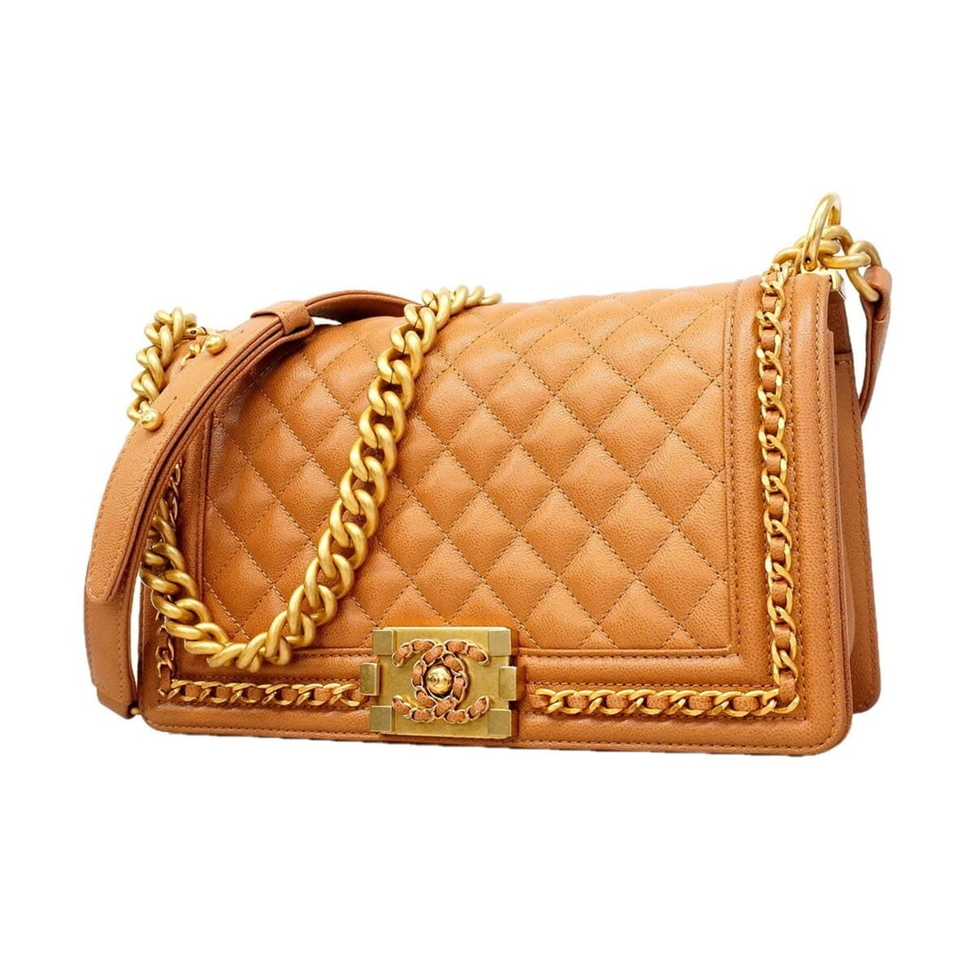 Chanel Boy Chain Shoulder Bag, Caviar Leather, Brown, Women's OP015614: --- Catalog ---Category: SizeSize (HxWxD): 15.5cm x 24cm x 7.5cm / 6.1'' x 9.44'' x 2.95''Category: DesignType: Shoulder bagColor: BrownGender: WomenMaterial: Grained Calfskin Hardware Color: GoldCate