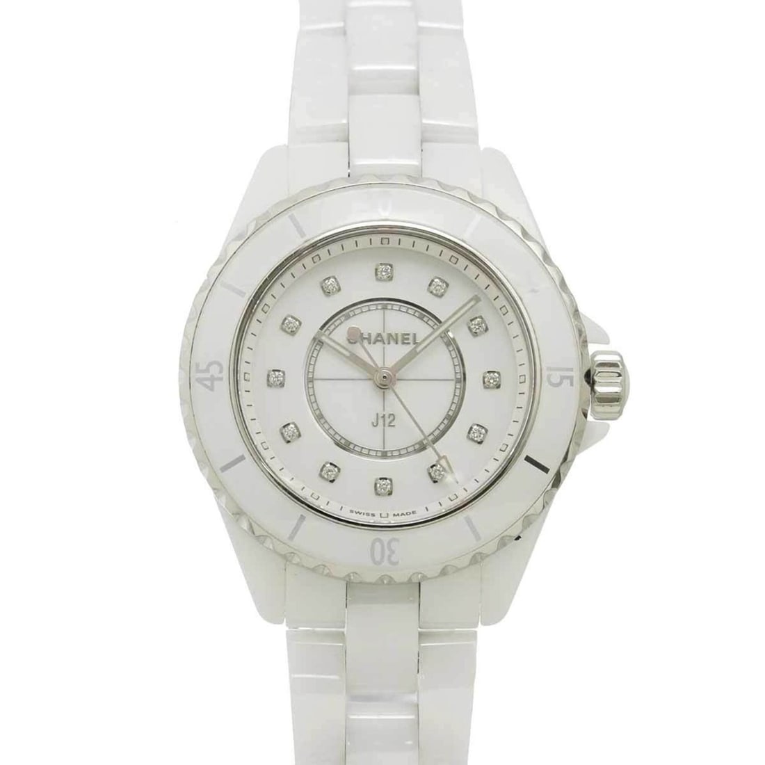 Chanel J12 33mm H5704 12P Diamond Ladies Watch White Shell Ceramic Quartz: --- Catalog ---Category: SizeWrist Size: 15.5cm / 6.1''Case Diameter: 34mm / 1.34''Category: DesignType: WristwatchGender: WomenColor (Dial): White shellMaterial (Band): Ceramic, Stainless steelMateri