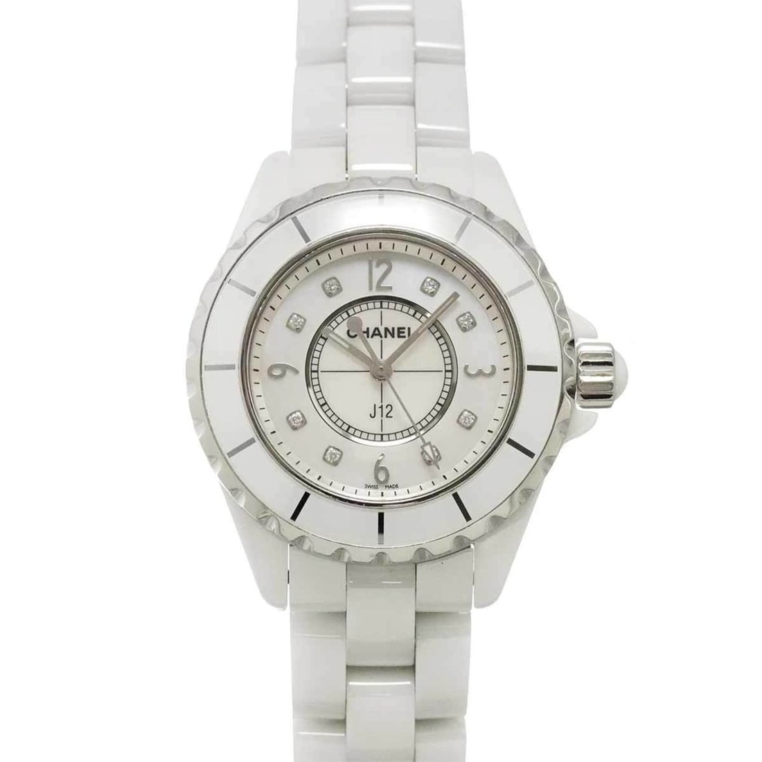 Chanel J12 33mm H2422 Women's Watch with 8 Diamonds, White Mother-of-Pearl, Ceramic, Quartz Movement: --- Catalog ---Category: SizeWrist Size: 15.5cm / 6.1''Case Diameter: 34mm / 1.34''Category: DesignType: WristwatchGender: WomenColor (Dial): White shellMaterial (Band): Ceramic, Stainless steelMateri