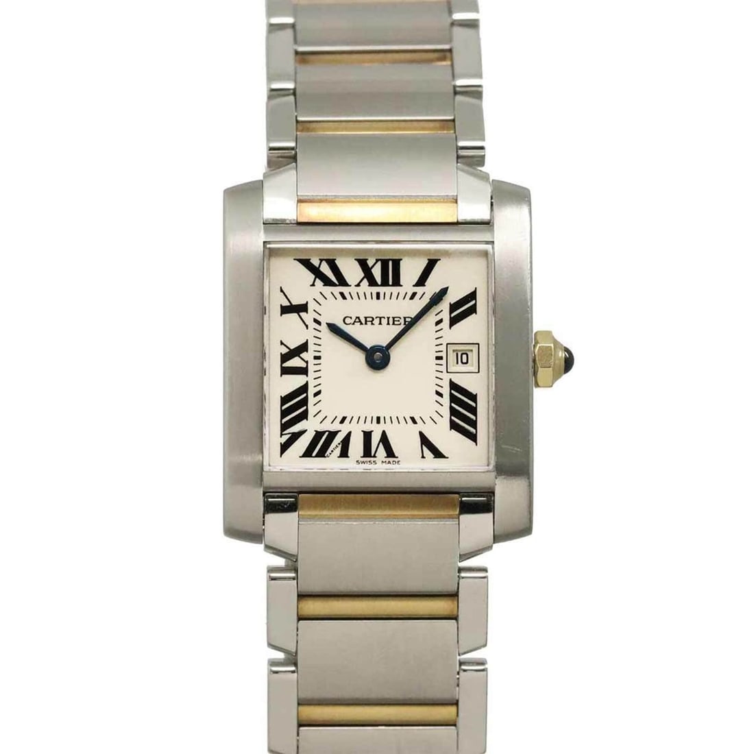 Cartier Tank Francaise MM Two-Tone W51012Q4 Boys' Watch, Date, Ivory, Yellow Gold (YG), Quartz Watch: --- Catalog ---Category: SizeWrist Size: 14.5cm / 5.7''Case Diameter: 25mm / 0.98''Category: DesignType: WristwatchGender: BoysColor (Dial): IvoryMaterial (Band): Stainless steel, Yellow gold (18K)Mat