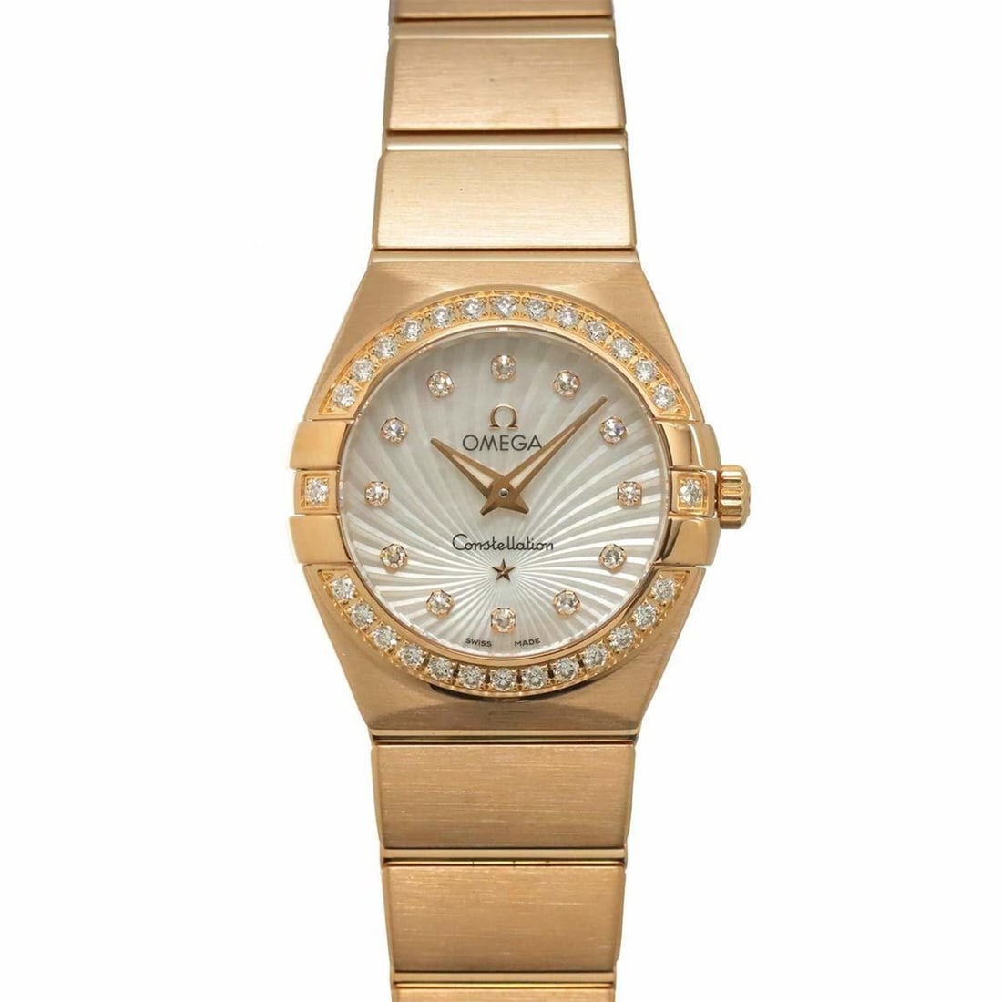 Omega Constellation 123 55 24 60 001 Ladies' Watch with Diamond Bezel, 12 Diamonds, White: --- Catalog ---Category: SizeWrist Size: 15.5cm / 6.1''Case Diameter: 24mm / 0.94''Category: DesignType: WristwatchGender: WomenColor (Dial): WhiteMaterial (Band): Pink gold (18K)Material (Case): Pink