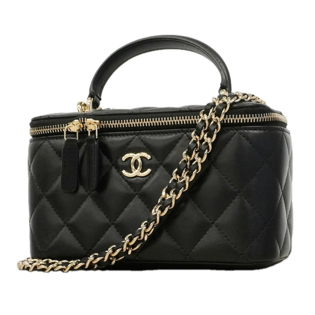 Chanel Matelassé Chain Shoulder Bag, Lambskin, Black/Champagne, 2-way bag for women, OP019644: --- Catalog ---Category: SizeSize (HxWxD): 10cm x 16cm x 8cm / 3.93'' x 6.29'' x 3.14''Category: DesignType: Vanity bagColor: BlackGender: WomenMaterial: Leather Leather/Fur Type: LambskinCategory: Ge