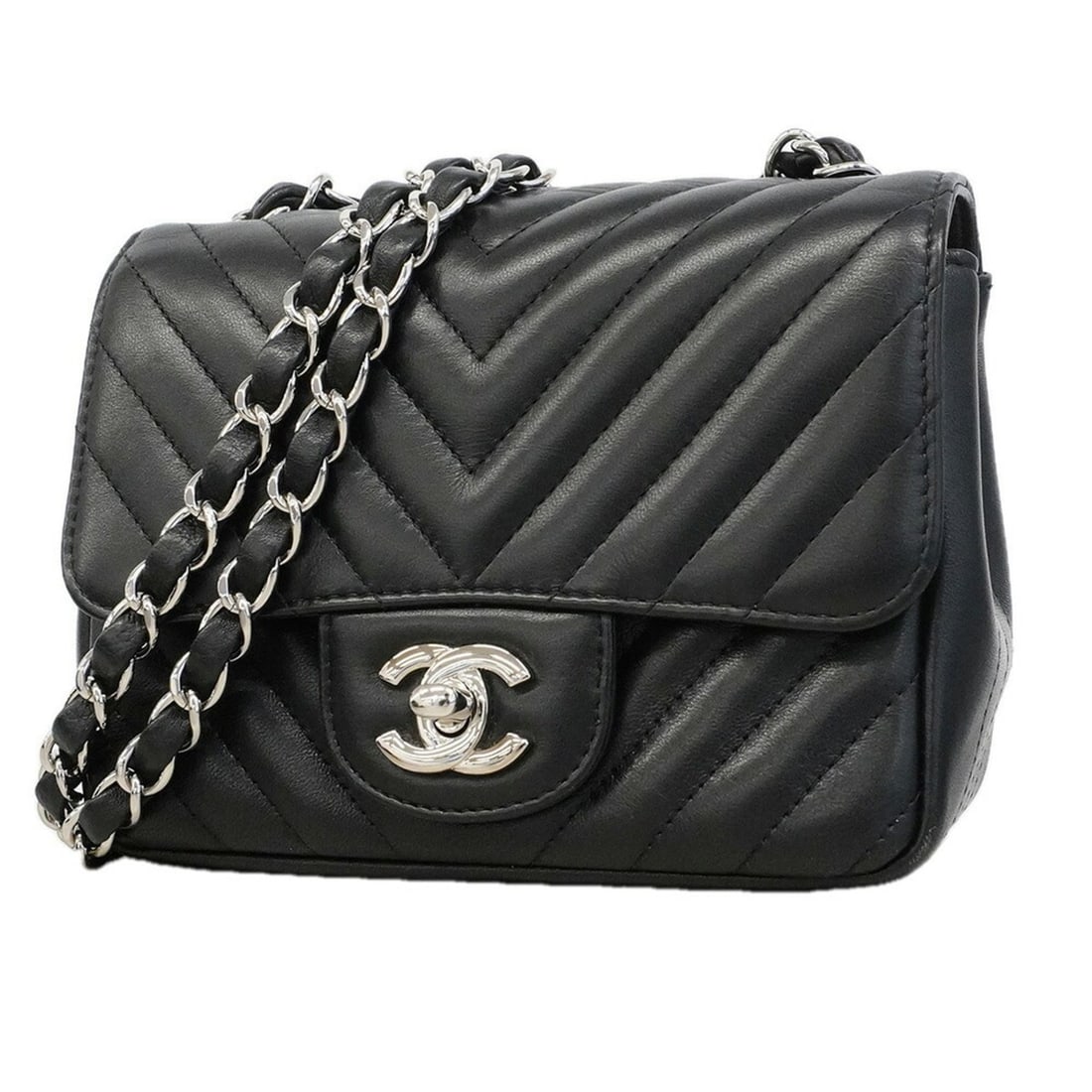 Chanel Shoulder Bag, Chain Shoulder, Chevron Lambskin, Black, Women's OP019350: --- Catalog ---Category: SizeSize (HxWxD): 14cm x 16cm x 7.5cm / 5.51'' x 6.29'' x 2.95''Category: DesignType: Shoulder bagColor: BlackGender: WomenMaterial: Leather Hardware Color: SilverLeather/Fur 