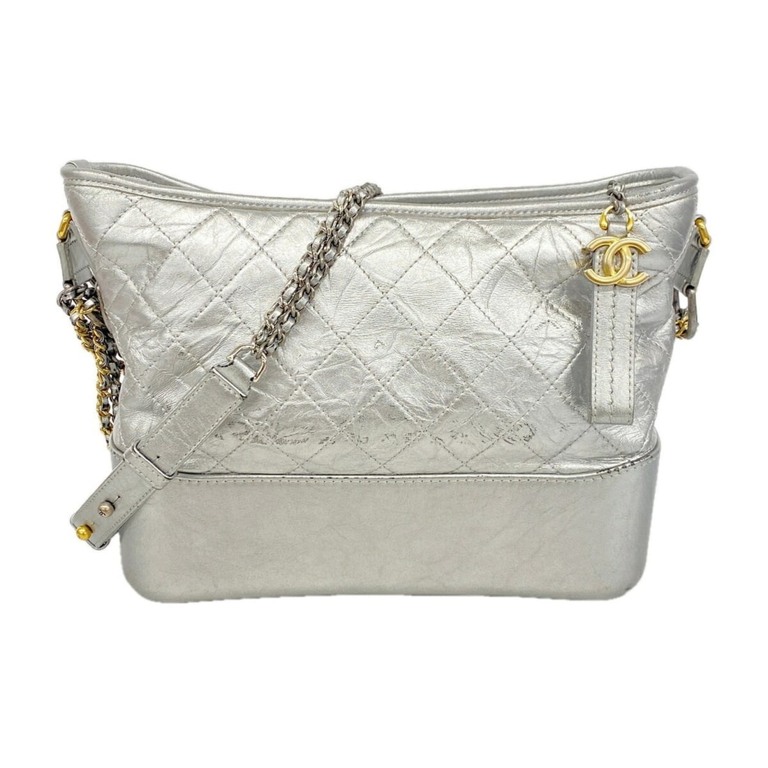 Chanel Shoulder Bag, Chain Shoulder, Gabrielle de Chanel, Calfskin, Silver/Gold, Women's, OP019103: --- Catalog ---Category: SizeSize (HxWxD): 22cm x 28cm x 9cm / 8.66'' x 11.02'' x 3.54''Category: DesignType: Shoulder bagColor: SilverGender: WomenMaterial: Leather Hardware Color: Gold, SilverLeathe