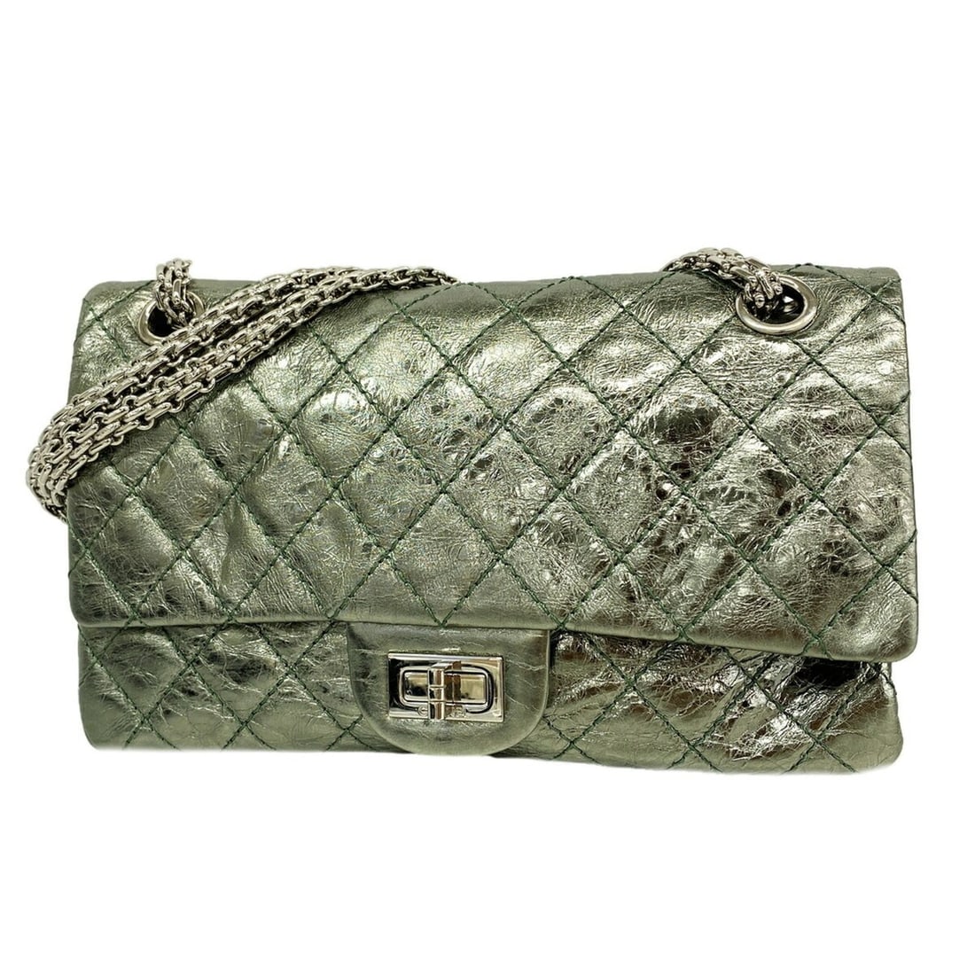 Chanel Shoulder Bag 2.55cm Double Flap Chain Calfskin Green Women's P3506981: --- Catalog ---Category: SizeSize (HxWxD): 15cm x 24cm x 7.5cm / 5.9'' x 9.44'' x 2.95''Category: DesignType: Shoulder bagColor: GreenGender: WomenMaterial: Leather Hardware Color: SilverLeather/Fur T