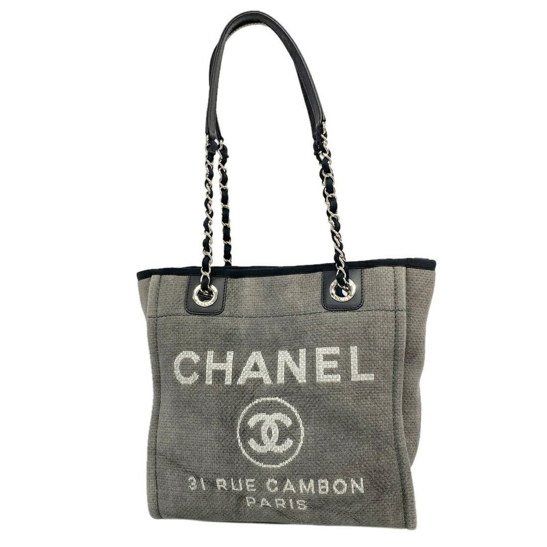Chanel Deauville Chain Tote Bag, Canvas, Gray, Women's, P3506980: --- Catalog ---Category: SizeSize (HxWxD): 27cm x 26cm x 10cm / 10.62'' x 10.23'' x 3.93''Category: DesignType: Tote bagColor: GrayGender: WomenMaterial: Canvas Hardware Color: SilverCategory: General