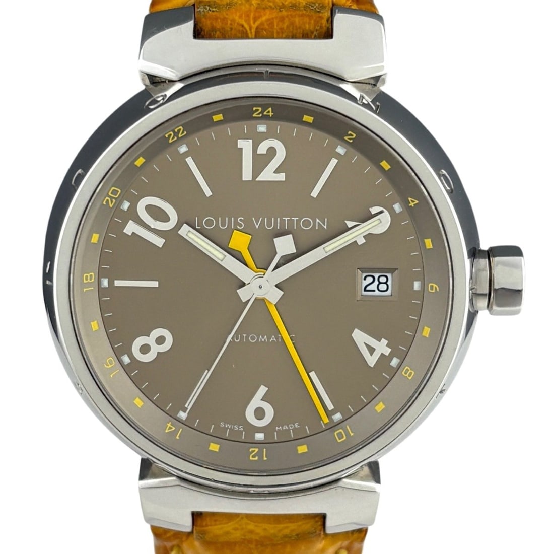 Louis Vuitton Tambour GMT Q1132 Watch, Stainless Steel, Leather Strap, Automatic, Brown, Men's: --- Catalog ---Category: SizeWrist Size: 12.5cm - 17cm / 4.92'' - 6.69''Case Diameter: 39mm / 1.54''Category: DesignType: WristwatchGender: MenColor (Dial): BrownMaterial (Band): Leather, Stainless st