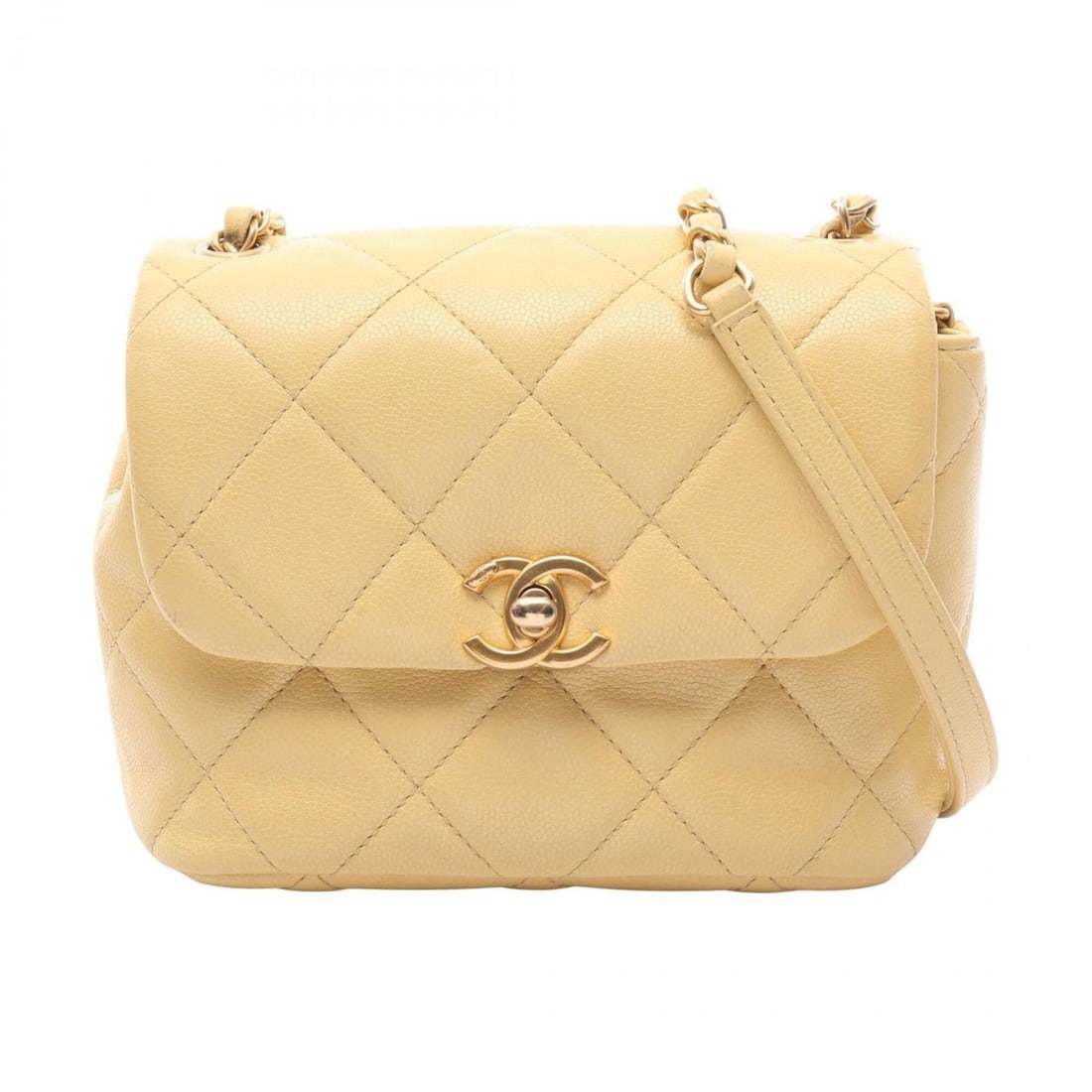 Chanel Matelassé Mini Shoulder Bag/Handbag, Leather, Women's, Yellow (AS3042): --- Catalog ---Category: SizeSize (HxWxD): 14cm x 17cm x 6cm / 5.51'' x 6.69'' x 2.36''Category: DesignType: Shoulder bagColor: YellowGender: WomenMaterial: Leather Category: GeneralBrand: Chanel--- I