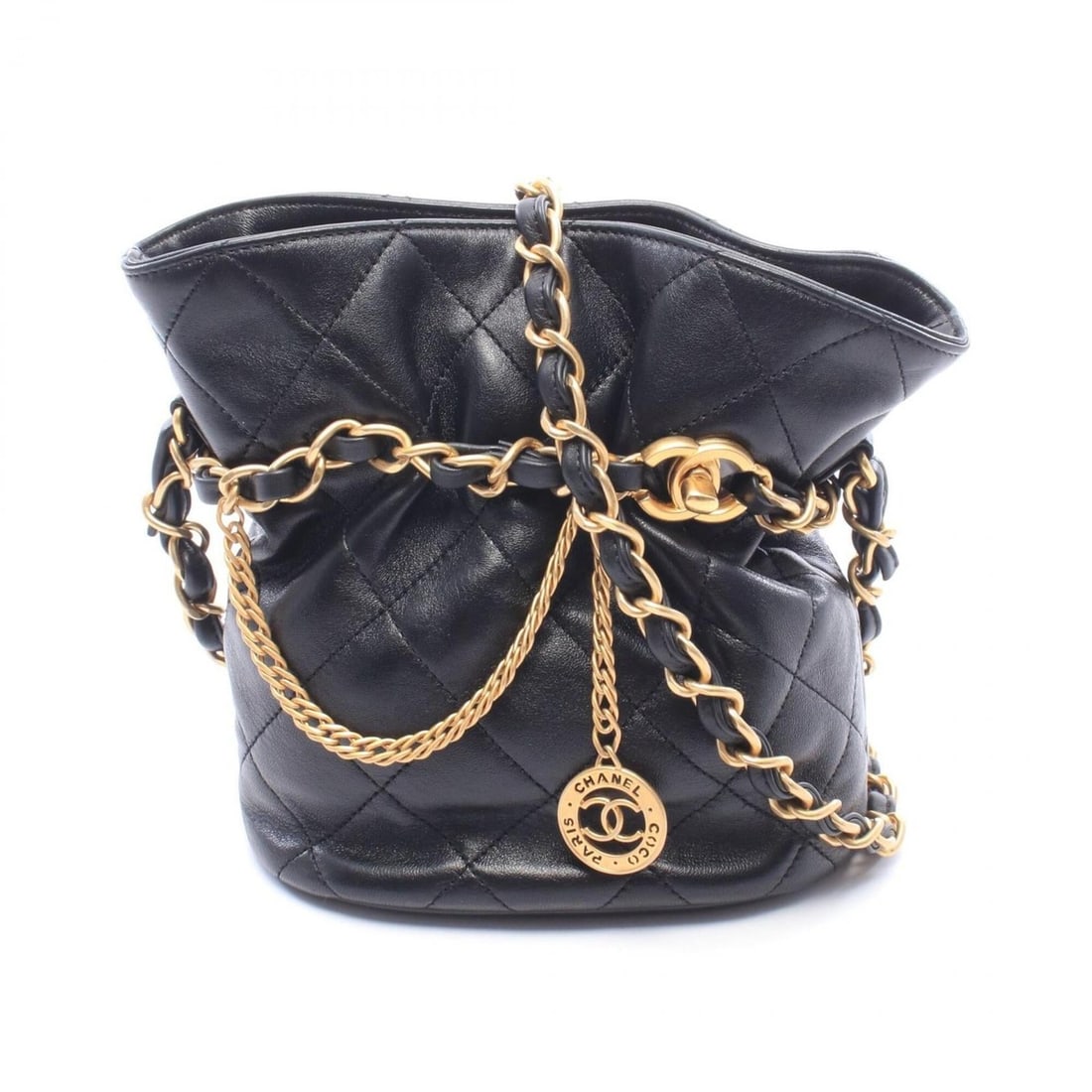 Chanel Matelassé Bucket Bag, Shoulder Handbag, Lambskin Leather, Women's, Black (AS4002) (1 of 11)