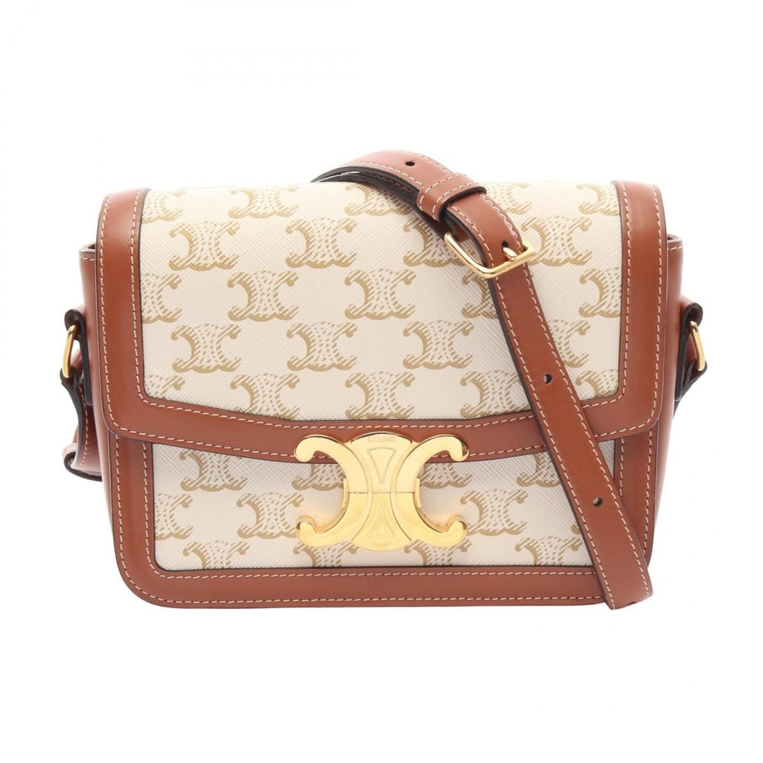 Celine Teen Triomphe Shoulder Bag/Handbag, Coated Canvas and Leather, Women's, White, Beige, Brown,: --- Catalog ---Category: SizeSize (HxWxD): 14.5cm x 18.5cm / 5.7'' x 7.28''Category: DesignType: Shoulder bagColor: Beige, Brown, WhiteGender: WomenMaterial: PVC , Coated canvas , Leather Category: Ge