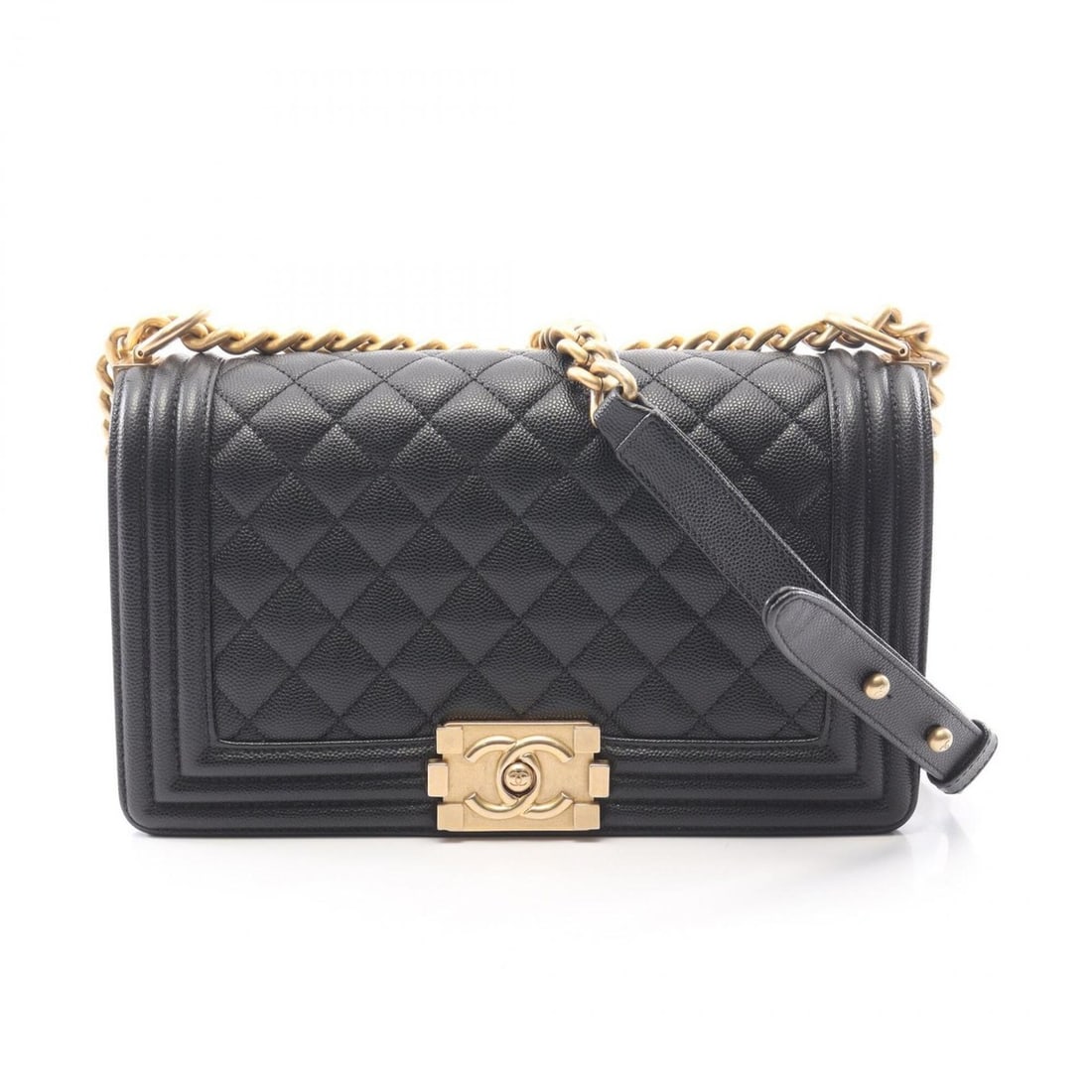 Chanel Boy Shoulder Bag/Handbag, Caviar Leather (Grained Calfskin), Women's, Black: --- Catalog ---Category: SizeSize (HxWxD): 14.5cm x 25cm x 7cm / 5.7'' x 9.84'' x 2.75''Category: DesignType: Handbag, Shoulder bagColor: BlackGender: WomenMaterial: Grained Calfskin Hardware Color: G