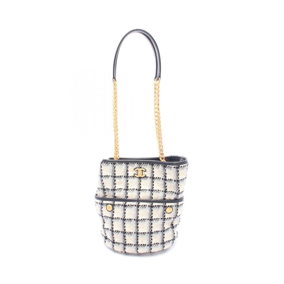 Chanel Coco Mark Bucket Bag Shoulder Handbag Fabric Leather Women's Black Gray Multicolor: --- Catalog ---Category: SizeSize (HxWxD): 25cm x 20cm x 15cm / 9.84'' x 7.87'' x 5.9''Category: DesignType: Handbag, Shoulder bagColor: Black, Gray, Multi-colorGender: WomenMaterial: Fabric , Leather