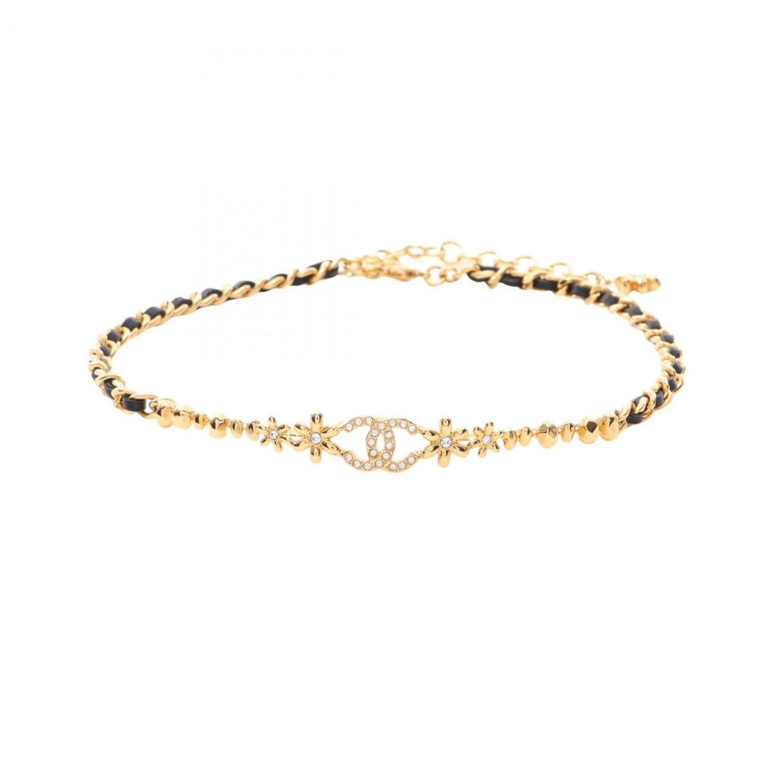 Chanel Coco Mark Chain Choker Accessory, Gold Plated Leather with Rhinestones, Women's, Gold, Black,: --- Catalog ---Category: SizePendant Size: 9mm x 80mm / 0.35'' x 3.14''Neck Circumference: 37.5 cm / 14.76''Category: DesignColor: Black, Clear, GoldGender: WomenMaterial: Gold plating, Leather, Rhine