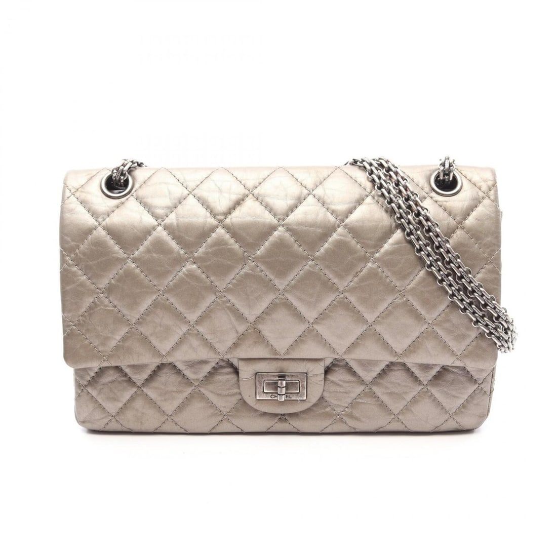 Chanel 2.55 Matelassé Double Flap Metallic Shoulder Bag/Handbag, Calfskin Leather, Women's, Beige: --- Catalog ---Category: SizeSize (HxWxD): 18cm x 27cm x 8cm / 7.08'' x 10.62'' x 3.14''Category: DesignType: Handbag, Shoulder bagColor: BeigeGender: WomenMaterial: Leather Hardware Color: SilverLeat