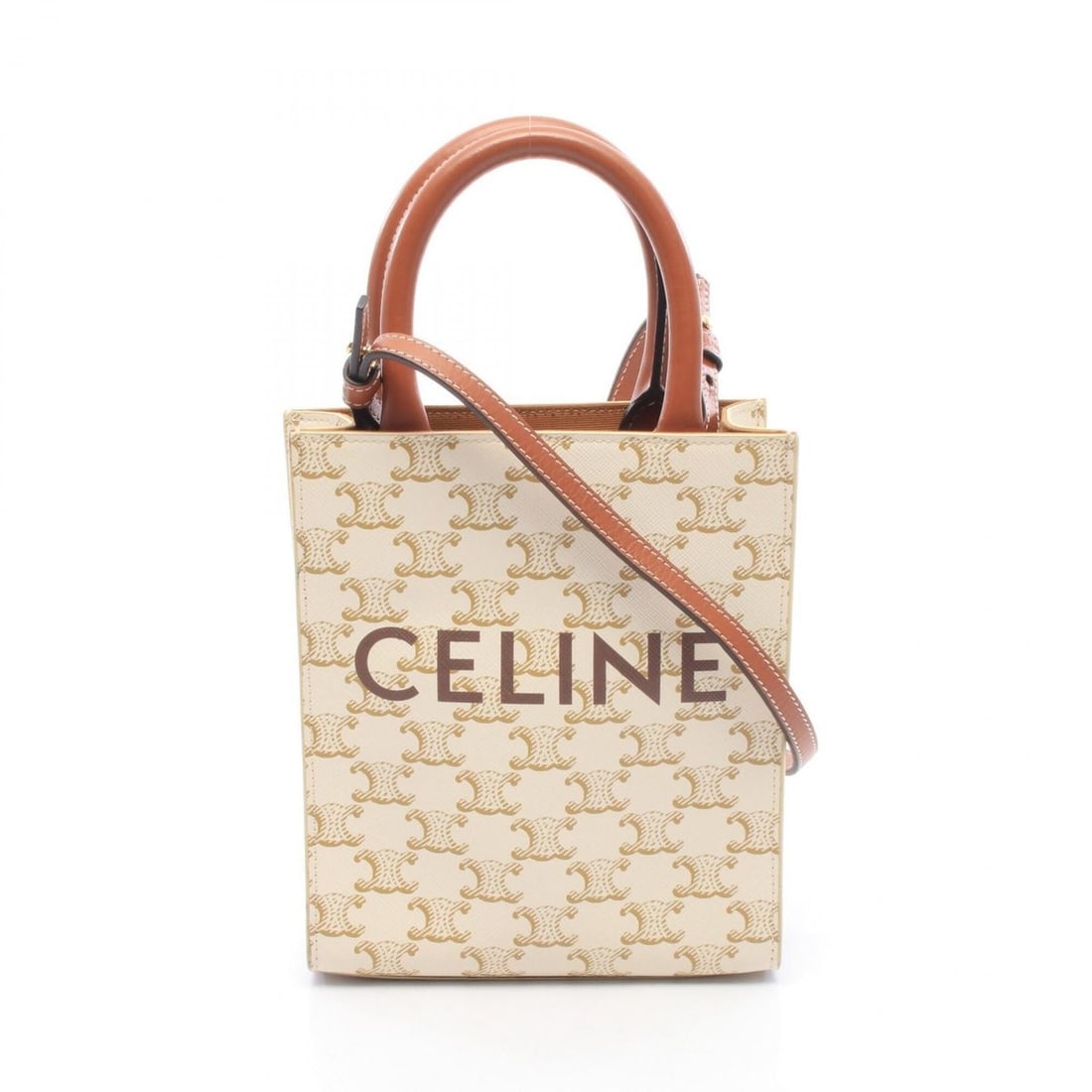 Celine Mini Vertical Cabas Triomphe 2-Way Handbag, Coated Canvas Leather, Women's, Ivory/Brown (1 of 11)