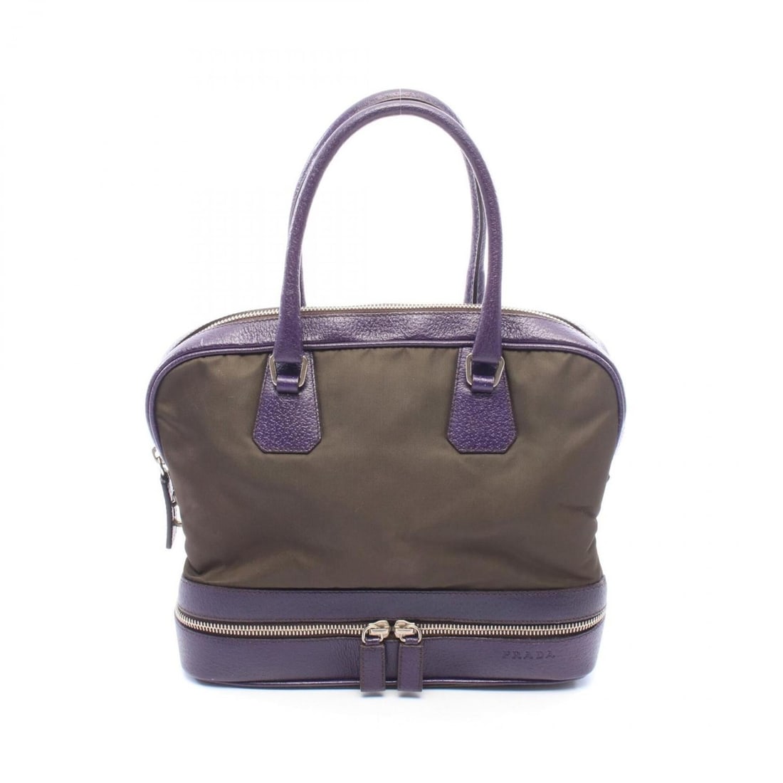 Prada handbag, nylon and leather, women's, khaki/purple, B11228: --- Catalog ---Category: SizeSize (HxWxD): 21.5cm x 25cm x 9cm / 8.46'' x 9.84'' x 3.54''Category: DesignType: HandbagColor: Khaki, PurpleGender: WomenMaterial: Nylon , Leather Category: GeneralMPN: B