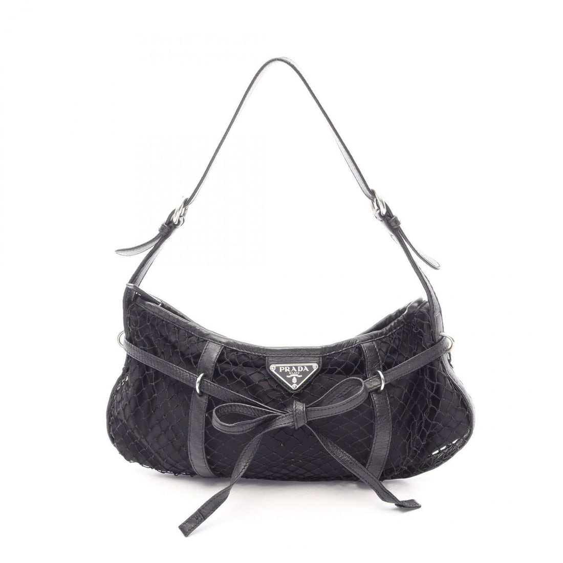 Prada Triangle Logo Mesh Shoulder Bag/Handbag, Nylon Leather, Women's, Black: --- Catalog ---Category: SizeSize (HxWxD): 16cm x 32cm x 1cm / 6.29'' x 12.59'' x 0.39''Category: DesignType: Handbag, Shoulder bagColor: BlackGender: WomenMaterial: Nylon , Leather Category: GeneralB