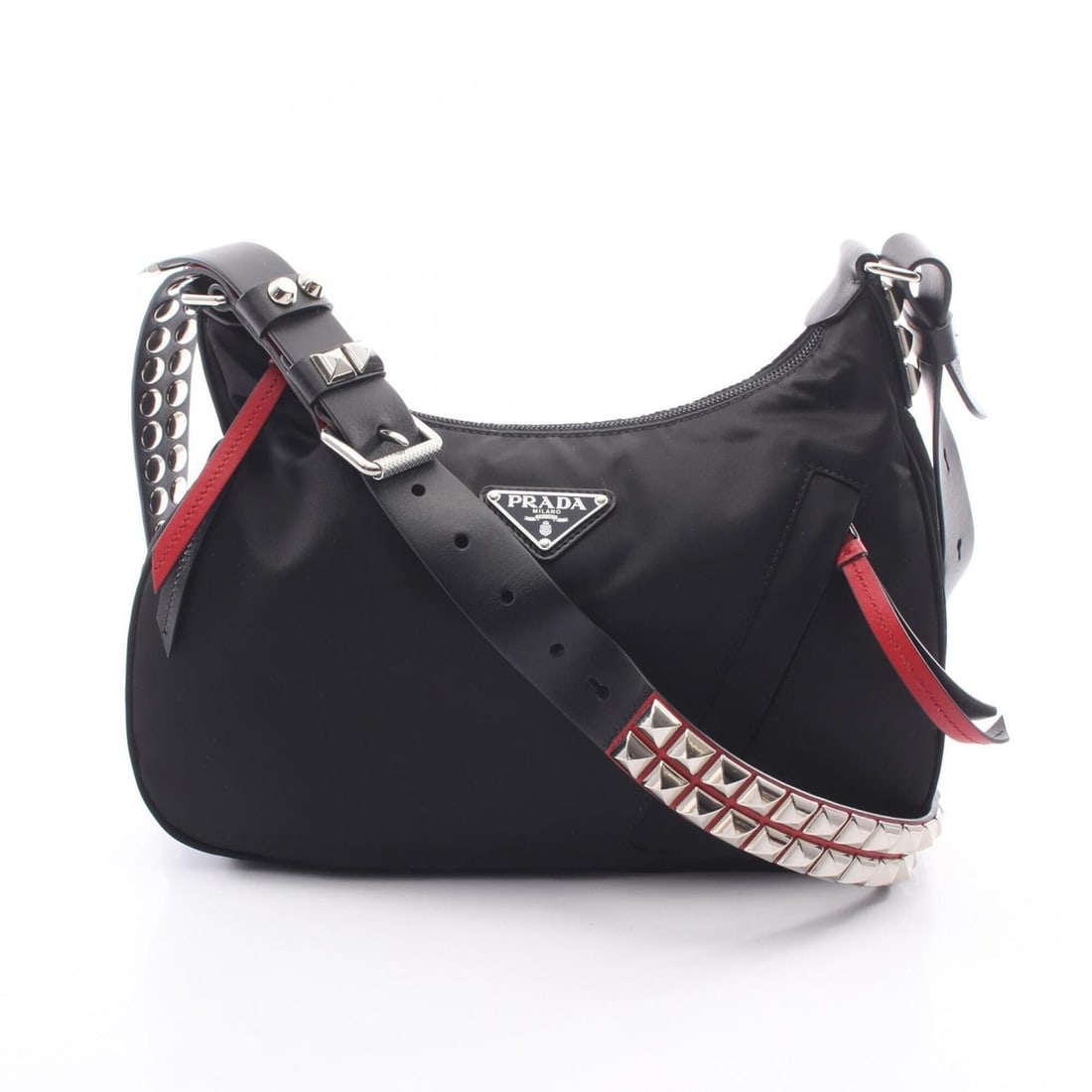 Prada NEW VELA Studded Shoulder Bag/Handbag, Nylon and Leather, Women's, Black/Red, 1BC087: --- Catalog ---Category: SizeSize (HxWxD): 19cm x 28cm x 6cm / 7.48'' x 11.02'' x 2.36''Category: DesignType: Handbag, Shoulder bagColor: Black, Red colorGender: WomenMaterial: Nylon , Leather Categor