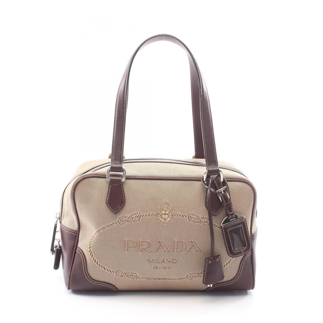Prada LOGO JACQUARD handbag, canvas and leather, women's, beige/brown.: --- Catalog ---Category: SizeSize (HxWxD): 20cm x 29cm x 14cm / 7.87'' x 11.41'' x 5.51''Category: DesignType: HandbagColor: Beige, BrownGender: WomenMaterial: Canvas , Leather Category: GeneralBrand: