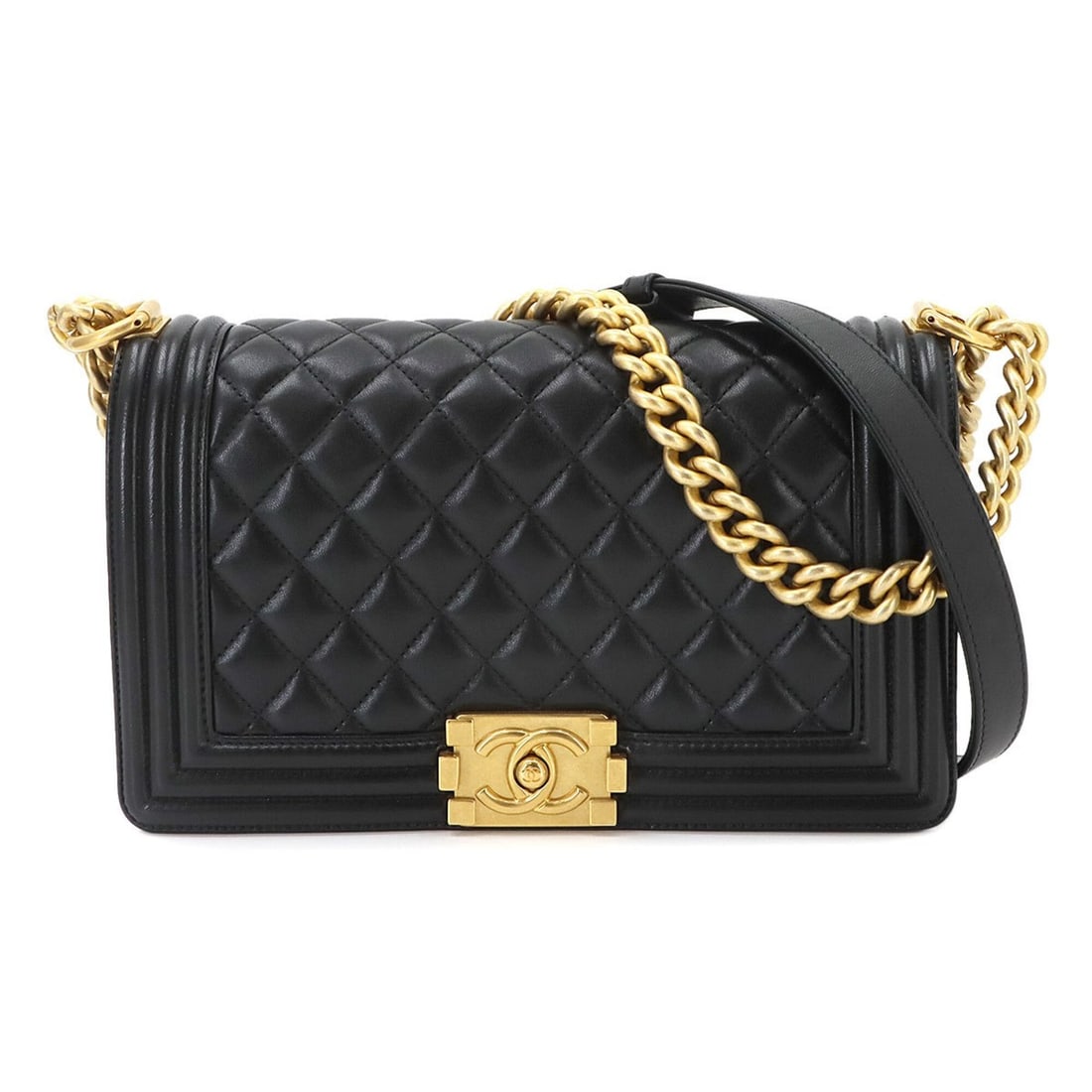 Chanel Boy Chain Shoulder Handbag, Lambskin, Black, A67086, Gold Hardware, BOY CHANEL Bag: --- Catalog ---Category: SizeSize (HxWxD): 15cm x 25cm x 6cm / 5.9'' x 9.84'' x 2.36''Category: DesignType: Handbag, Shoulder bagColor: BlackGender: WomenMaterial: Leather Leather/Fur Type: LambskinCa