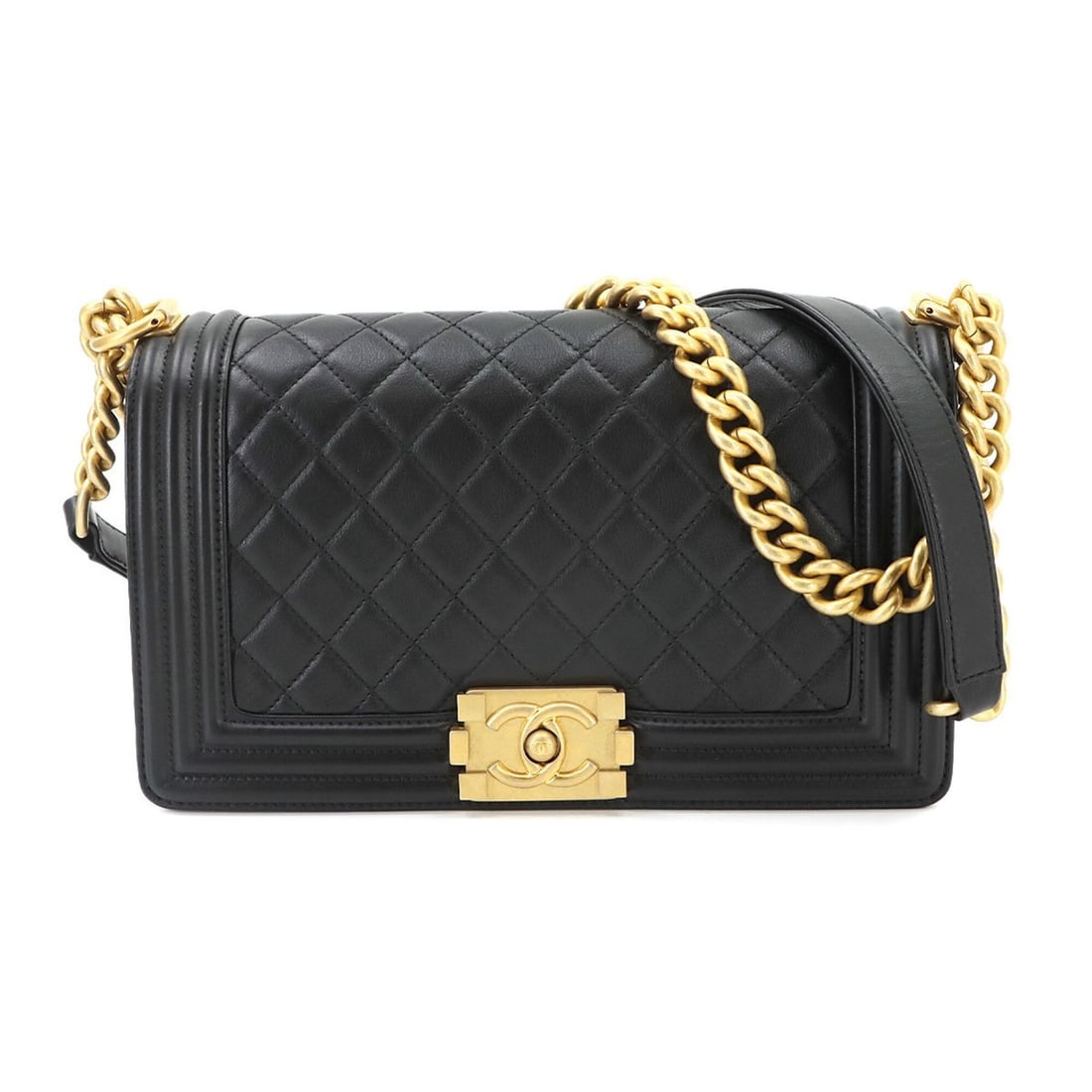 Chanel Boy Chain Shoulder Handbag, Lambskin, Black, A67086, Gold Hardware, BOY CHANEL Bag: --- Catalog ---Category: SizeSize (HxWxD): 15.5cm x 24cm x 6cm / 6.1'' x 9.44'' x 2.36''Category: DesignType: Handbag, Shoulder bagColor: BlackGender: WomenMaterial: Leather Leather/Fur Type: Lambskin