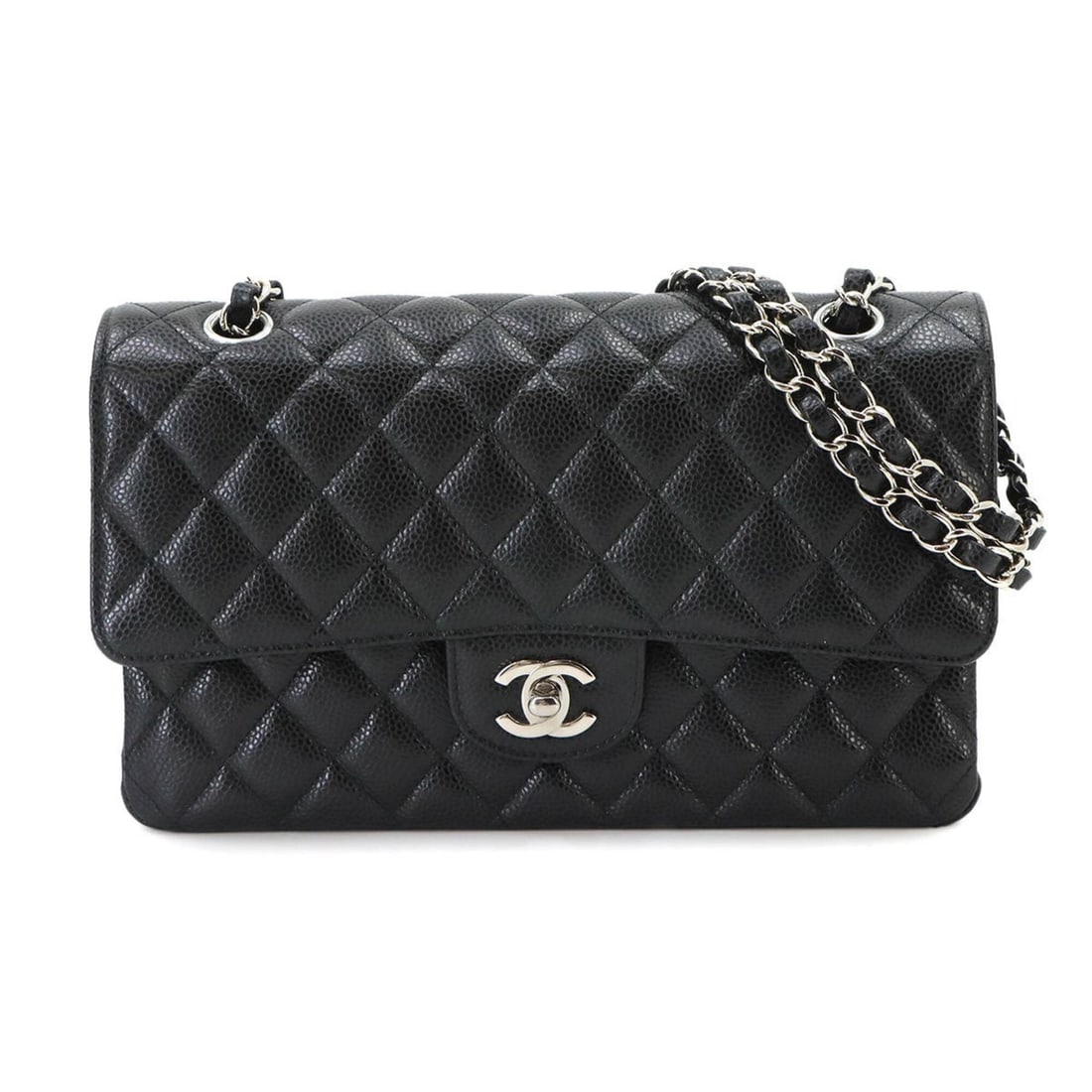 Chanel Matelasse 25 Chain Shoulder Handbag, Caviar Leather, Black, A01112, Silver Hardware, Coco: --- Catalog ---Category: SizeSize (HxWxD): 15.5cm x 24.5cm x 6.5cm / 6.1'' x 9.64'' x 2.55''Category: DesignType: Handbag, Shoulder bagColor: BlackGender: WomenMaterial: Grained Calfskin Category: Gen