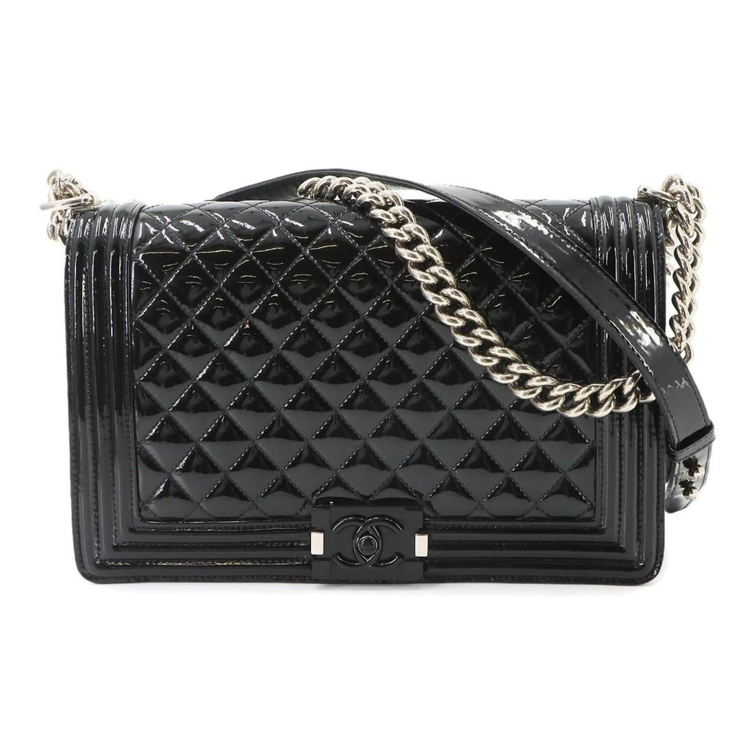 Chanel Boy Chain Shoulder Handbag, Patent Leather, Black, Silver Hardware: --- Catalog ---Category: SizeSize (HxWxD): 18.5cm x 24.5cm x 6.5cm / 7.28'' x 9.64'' x 2.55''Category: DesignType: Handbag, Shoulder bagColor: BlackGender: WomenMaterial: Patent leather Category: Gene