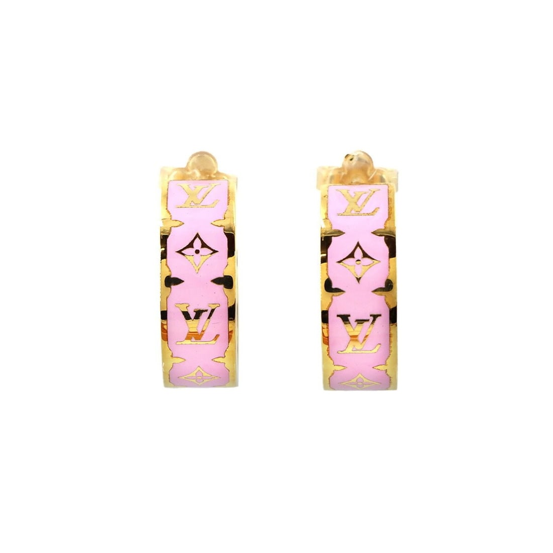 Louis Vuitton Nanogram Enamel Earrings, Pink Gold, M01831: --- Catalog ---Category: SizeSize (HxWxD): 21.00mm x 7.00mm x 21.00mm / 0.83'' x 0.28'' x 0.83''Category: DesignType: Half hoop earringsColor: Gold, PinkGender: WomenCategory: GeneralBrand: Louis Vuit
