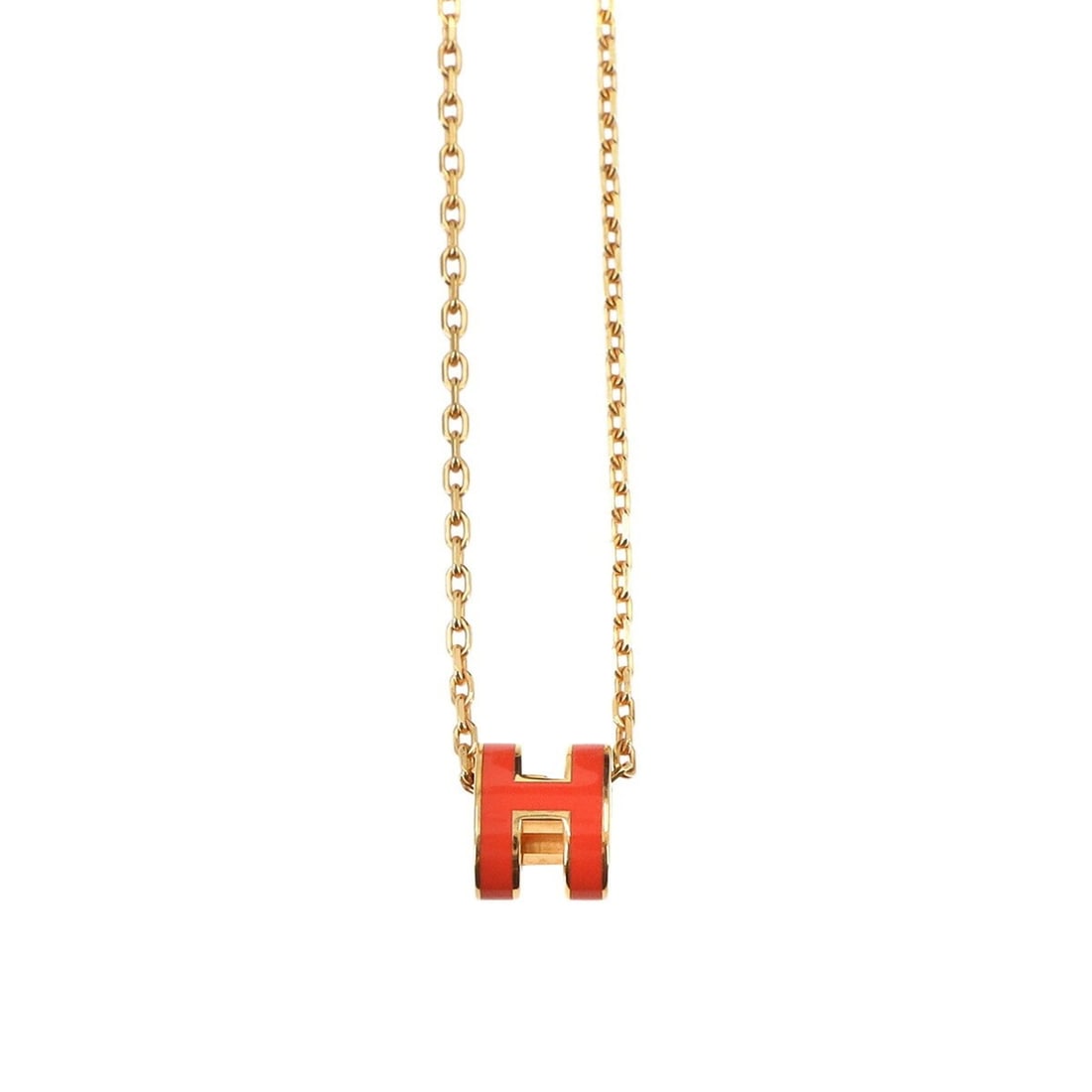 Hermes Mini Pop H Necklace, Capucines Gold: --- Catalog ---Category: SizePendant Size: 9mm x 7mm / 0.35'' x 0.27''Neck Circumference: 40 cm / 15.74''Category: DesignColor: Capucine, GoldGender: WomenNecklace Type: NecklaceCategory: GeneralBrand