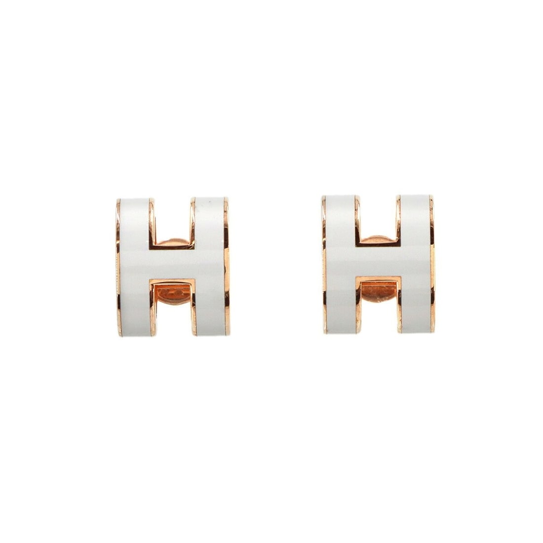 Hermes Pop H Earrings (White & Rose Gold): --- Catalog ---Category: SizeSize (HxWxD): 12.00mm x 10.00mm / 0.47'' x 0.39''Category: DesignType: Stud earringsColor: Rose gold, WhiteGender: WomenCategory: GeneralBrand: Hermes--- Item List