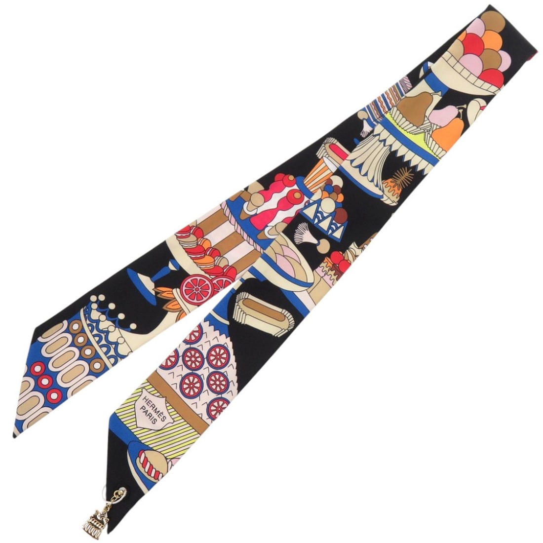 Hermes Twilly Charm 20th Anniversary Patisserie Française 853336S Silk Multicolor Scarf Muffler: --- Catalog ---Category: SizeSize (LxW): 86cm x 5cm / 33.85'' x 1.96''Category: DesignType: ScarfColor: Black, Blue, Multi-colorGender: WomenMaterial: Silk Category: GeneralMPN: 853336SBrand: HermesCo