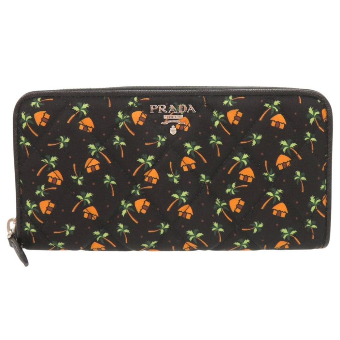 Prada Palm Tree House Nylon Saffiano Leather 1ML506 Black Multicolor Round Zip Long Wallet 0690PRADA: --- Catalog ---Category: SizeSize (HxWxD): 10cm x 20cm x 3cm / 3.93'' x 7.87'' x 1.18''Category: DesignType: Long wallet (bi-fold)Color: Black, Multi-colorGender: WomenMaterial: Nylon , Leather , Saff
