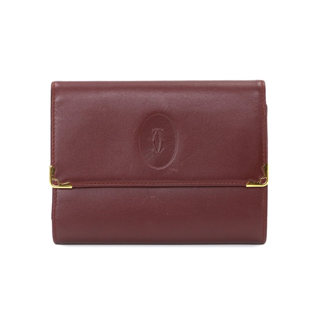 Cartier Must Line Tri-fold Wallet, Leather, Bordeaux, Gold Hardware, Compact Wallet: --- Catalog ---Category: SizeSize (HxWxD): 11cm x 14cm x 2cm / 4.33'' x 5.51'' x 0.78''Category: DesignType: Wallet (tri-fold)Color: BordeauxGender: Women,MenMaterial: Leather Category: GeneralBrand: 