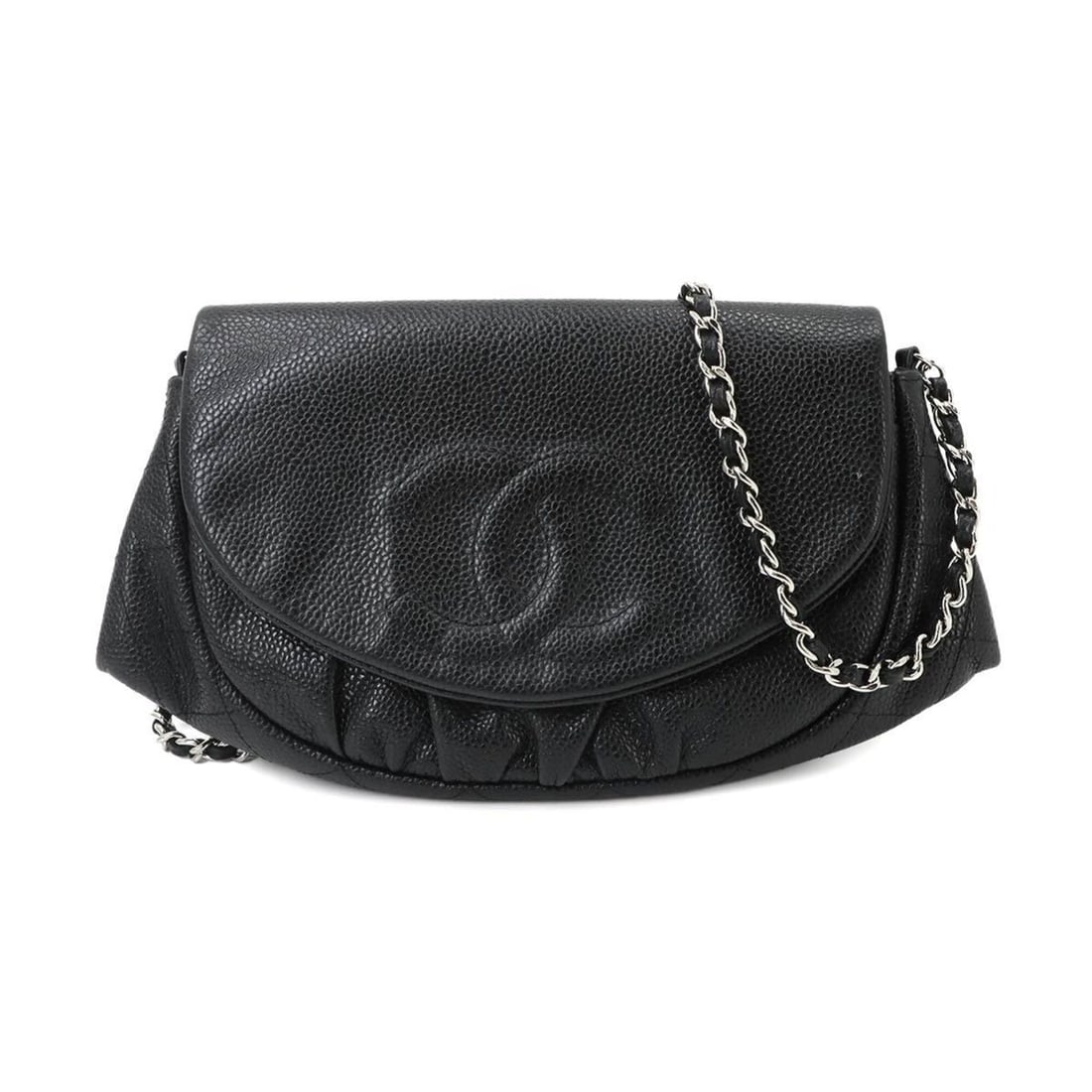 Chanel Half Moon Chain Wallet, Long Caviar Leather, Black, Silver Hardware.: --- Catalog ---Category: SizeSize (HxWxD): 13.5cm x 19cm x 3.5cm / 5.31'' x 7.48'' x 1.37''Category: DesignType: Chain/Shoulder walletColor: BlackGender: WomenMaterial: Grained Calfskin Category: Gene
