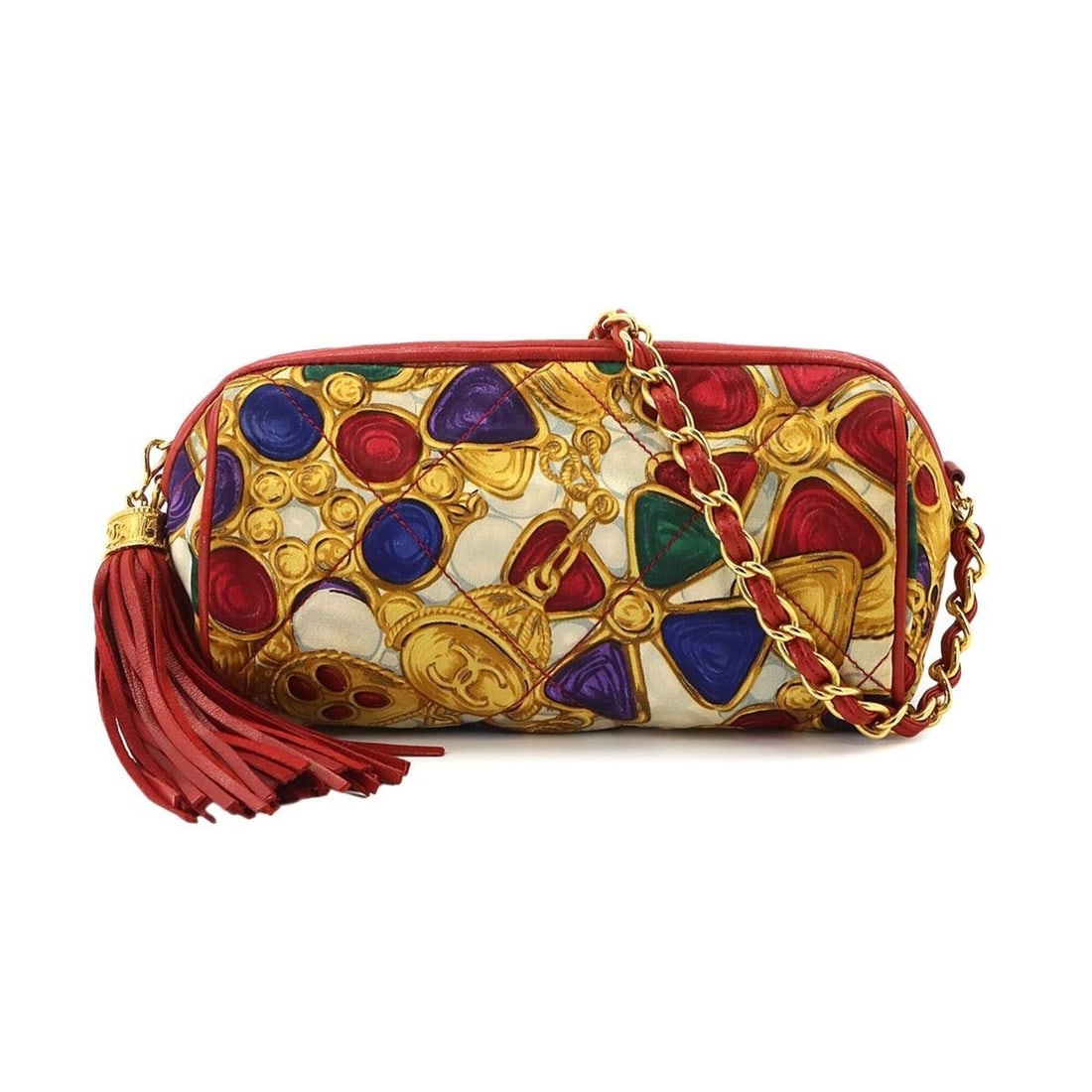 Chanel Matelasse Bag - Chain Shoulder Handbag with Jewel Pattern, Satin Leather, Red Multicolor,: --- Catalog ---Category: SizeSize (HxWxD): 10cm x 17.5cm x 7cm / 3.93'' x 6.88'' x 2.75''Category: DesignType: Shoulder bagColor: Multi-color, Red colorGender: WomenMaterial: Satin , Leather Category: