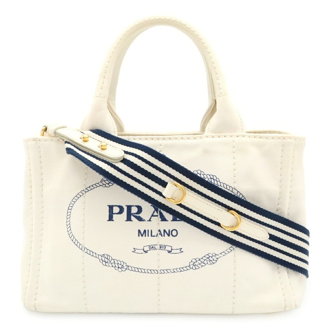 PRADA Canapa Tote Bag/Shoulder Bag, Striped Canvas, White/Navy, 1BG439: --- Catalog ---Category: SizeSize (HxWxD): 18.5cm x 28cm x 14cm / 7.28'' x 11.02'' x 5.51''Category: DesignType: Shoulder bag, Tote bagColor: Navy, White, YellowGender: WomenMaterial: Canvas Category: