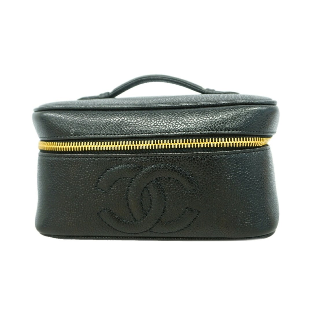 Chanel handbag/vanity bag, caviar leather, black, women's.: --- Catalog ---Category: SizeSize (HxWxD): 10cm x 19.5cm x 14cm / 3.93'' x 7.67'' x 5.51''Category: DesignType: Vanity bagColor: BlackGender: WomenMaterial: Grained Calfskin Hardware Color: GoldCatego