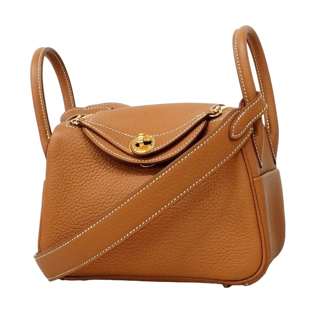 Hermes Lindy Mini handbag, Taurillon Clemence leather, gold, G stamp, 2-way bag for women. (1 of 14)