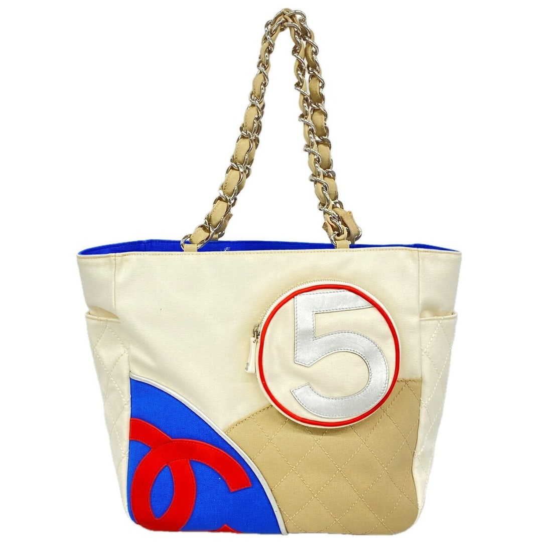Chanel Tote Bag/Chain No. 5 Canvas White Multicolor Women's: --- Catalog ---Category: SizeSize (HxWxD): 28.5cm x 27cm x 14.5cm / 11.22'' x 10.62'' x 5.7''Category: DesignType: Tote bagColor: Multi-color, WhiteGender: WomenMaterial: Canvas Hardware Color: Silver