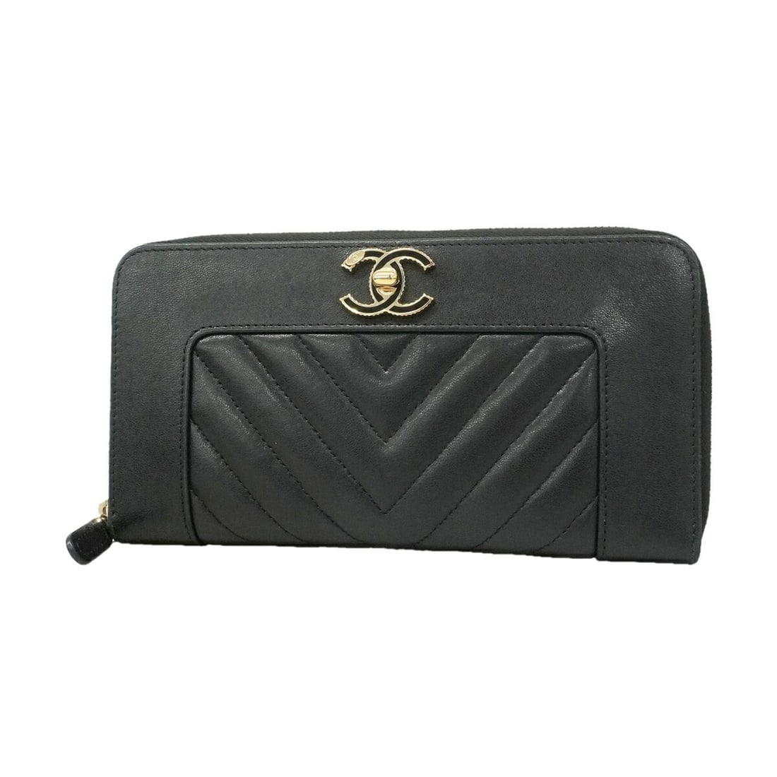 Chanel V-stitch long wallet, Mademoiselle lambskin, black champagne, women's.: --- Catalog ---Category: SizeSize (HxWxD): 10.5cm x 19.5cm x 2.5cm / 4.13'' x 7.67'' x 0.98''Category: DesignType: Long wallet (bi-fold)Color: BlackGender: WomenMaterial: Leather Leather/Fur Type: Lam