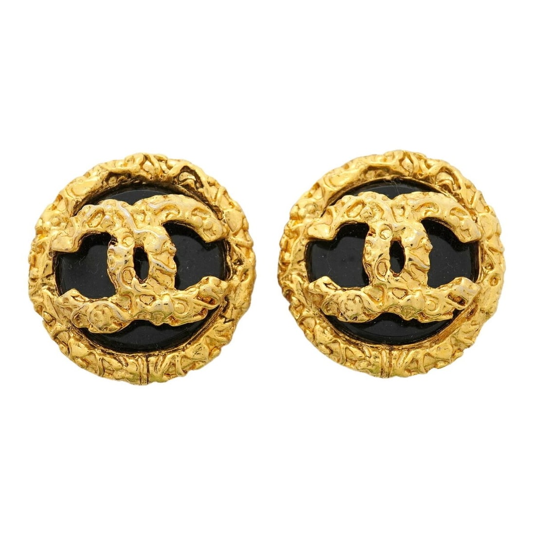 Chanel Earrings, Coco Mark Circle Lava Motif, GP Plated, Gold, Black, Women's (1 of 9)