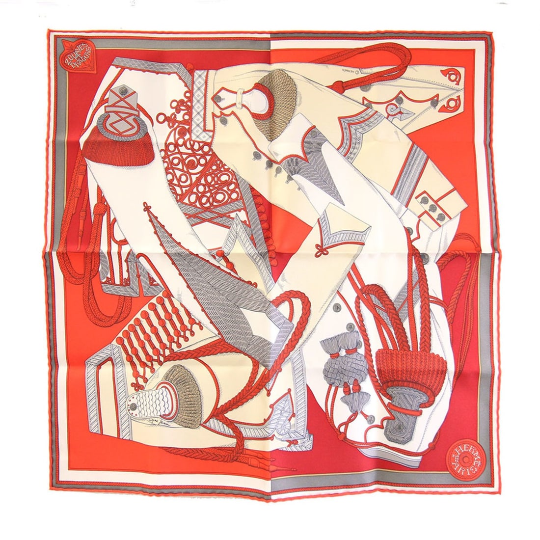 Hermes Scarf/Muffler, Carre 42, Zouaves et Dragons (Zouaves and Dragons), Red, 100% Silk, Petit: --- Catalog ---Category: SizeSize (LxW): 41.5cm x 41.5cm / 16.33'' x 16.33''Category: DesignType: ScarfColor: Red colorGender: WomenMaterial: Silk Category: GeneralBrand: HermesCountry of Origin: Fran