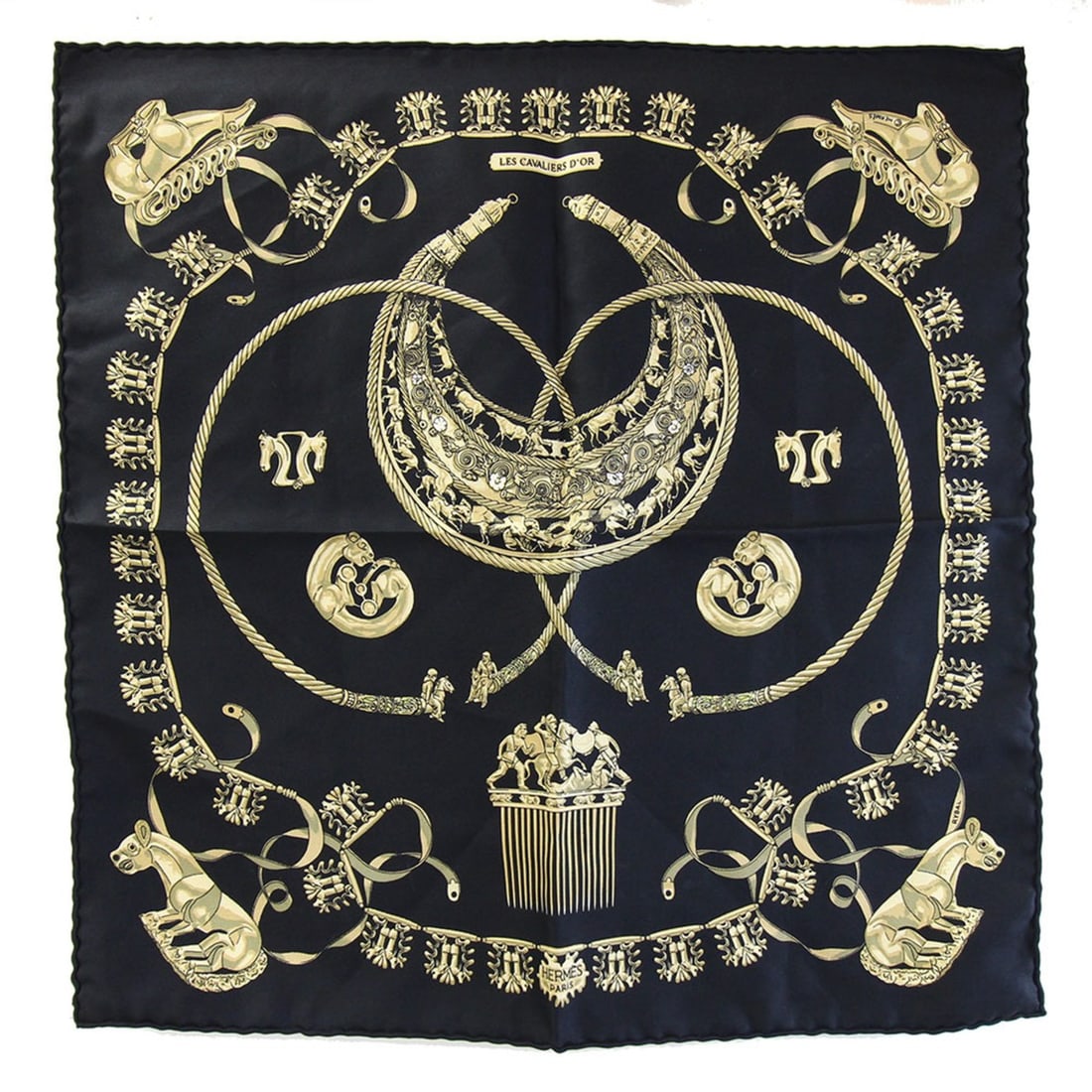 Hermes Scarf/Muffler, Carre 42, "LES CAVALIERS D'OR" (Golden Knights), Black, 100% Silk, Petit (1 of 6)