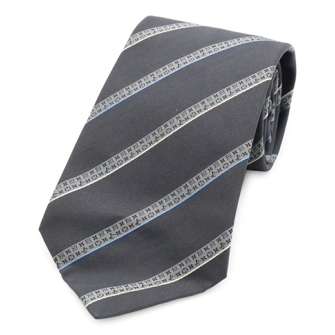 LOUIS VUITTON Louis Vuitton tie, regimental stripe, diagonal 100% silk, dark gray, blue (1 of 15)