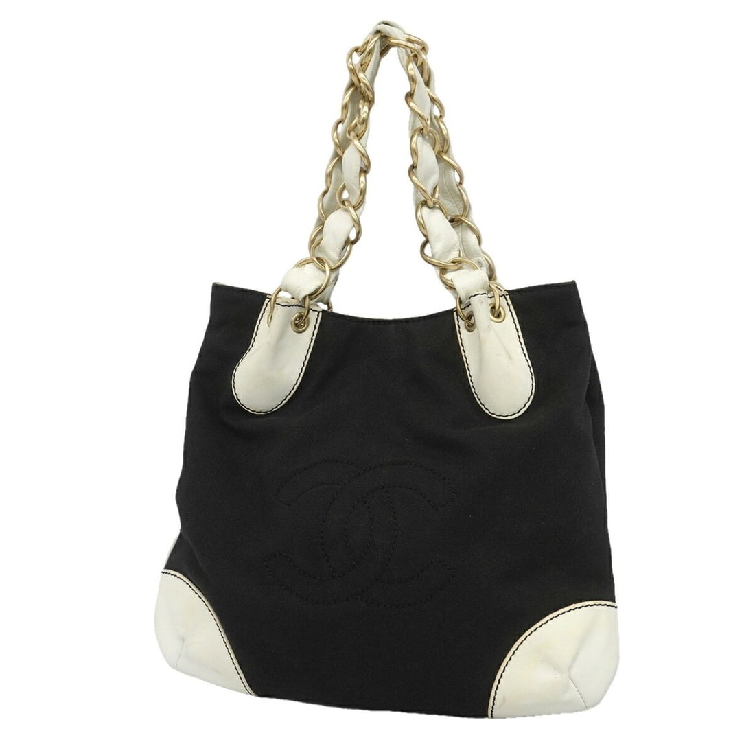 Chanel Tote Bag / Chain Tote, Leather & Canvas, Black Champagne, Women's: --- Catalog ---Category: SizeSize (HxWxD): 31cm x 34cm x 3cm / 12.2'' x 13.38'' x 1.18''Category: DesignType: Tote bagColor: BlackGender: WomenMaterial: Leather , Canvas Hardware Color: Champagne gold